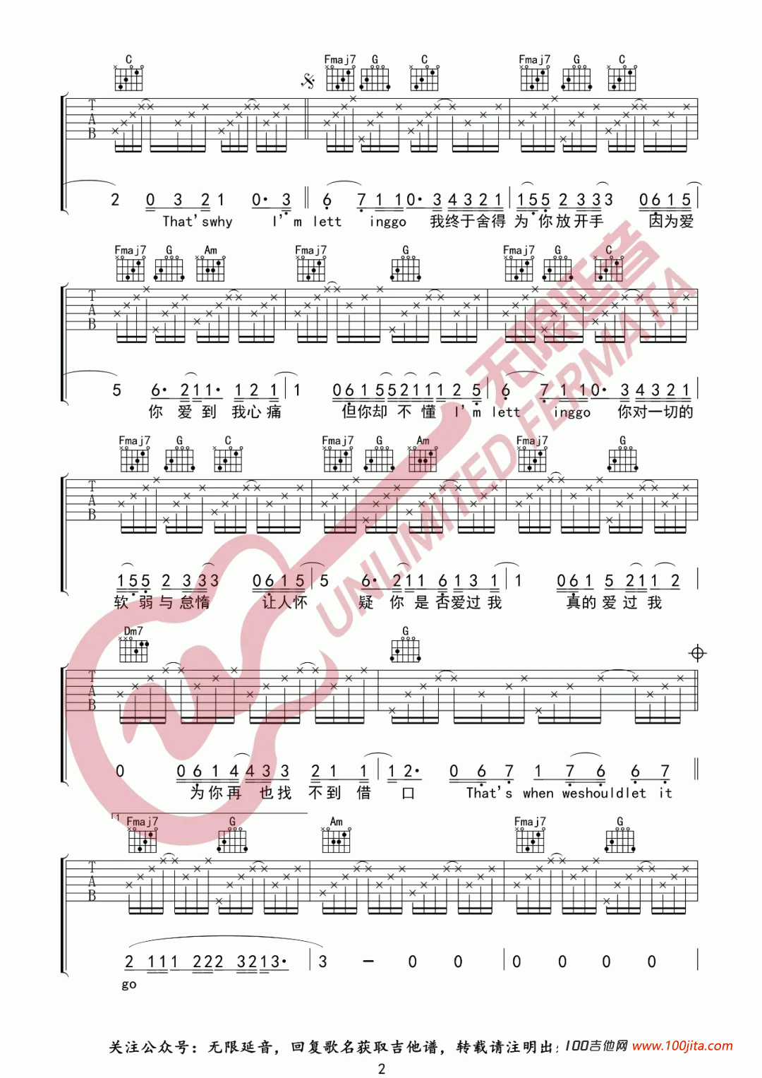 Letting_Go吉他谱_蔡健雅新歌_C调吉他弹唱图片六线谱