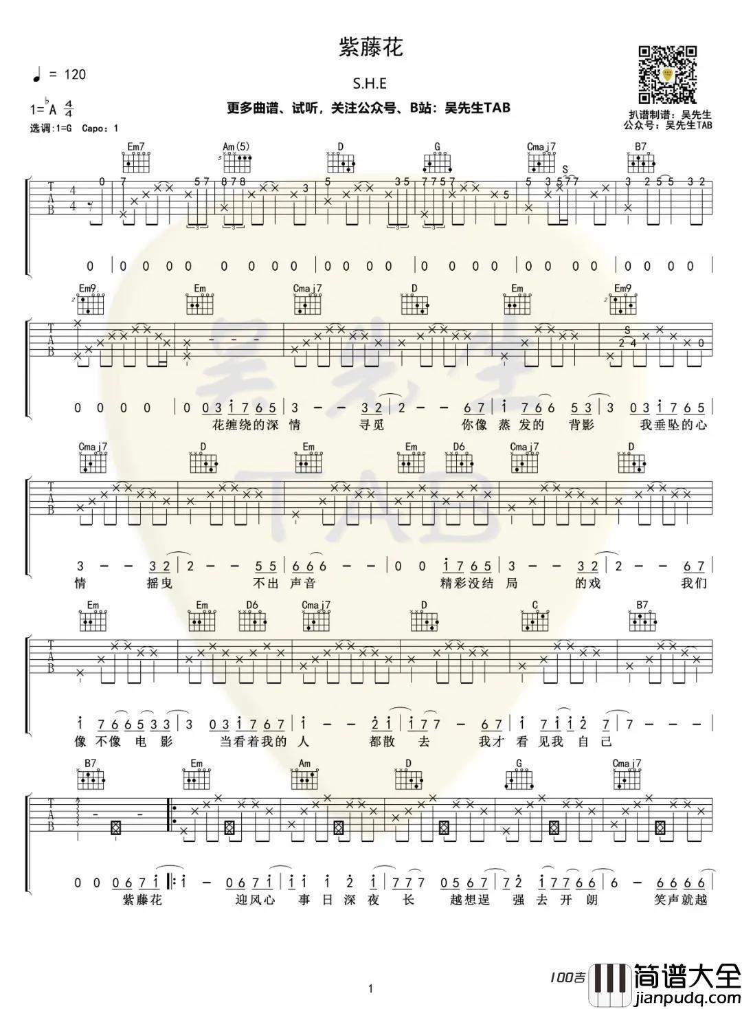 _紫藤花_吉他谱_SHE_吉他伴奏六线谱