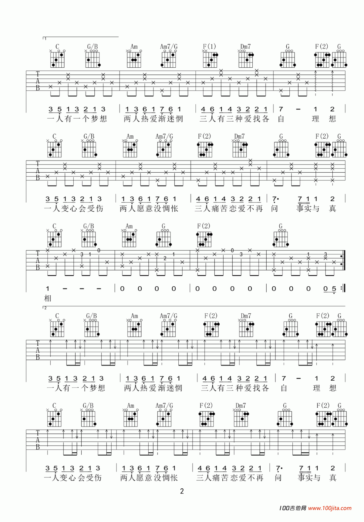 一人有一个梦想吉他谱_C调吉他弹唱谱六线谱_黎瑞恩