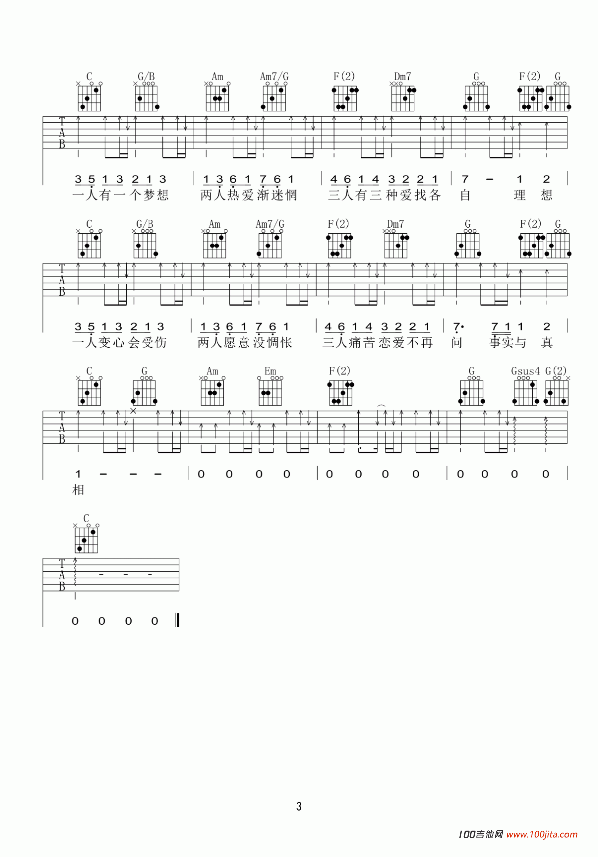 一人有一个梦想吉他谱_C调吉他弹唱谱六线谱_黎瑞恩