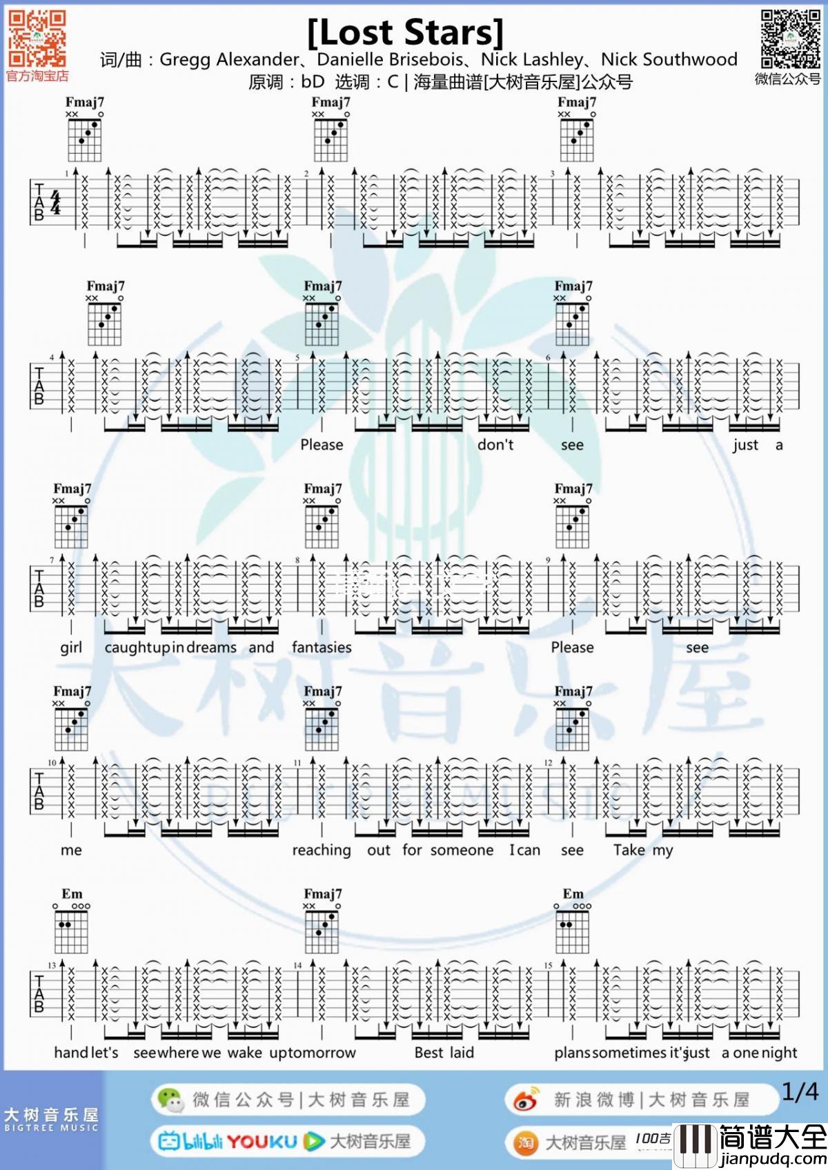 Lost_Stars吉他谱「Begin_Again」吉他谱六线谱弹唱谱