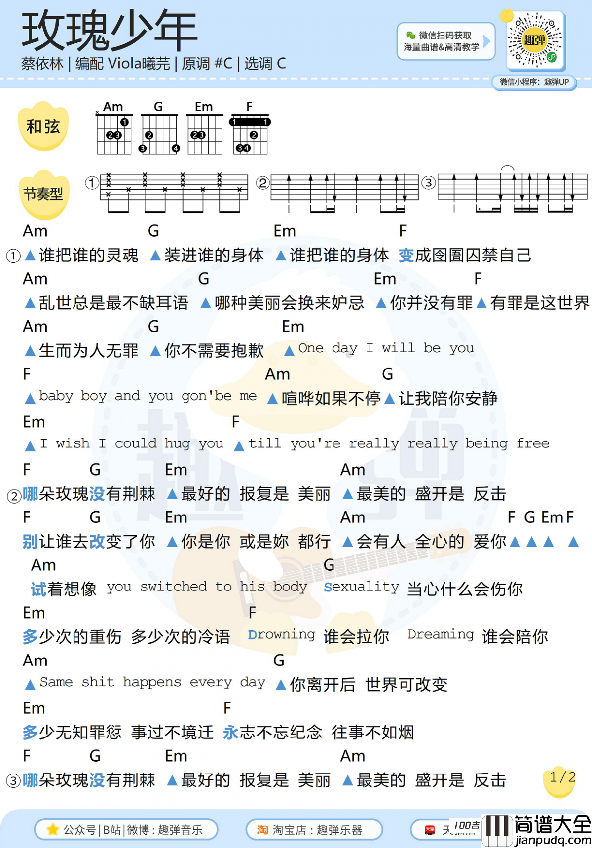 玫瑰少年吉他谱_蔡依林_C调吉他弹唱谱六线谱