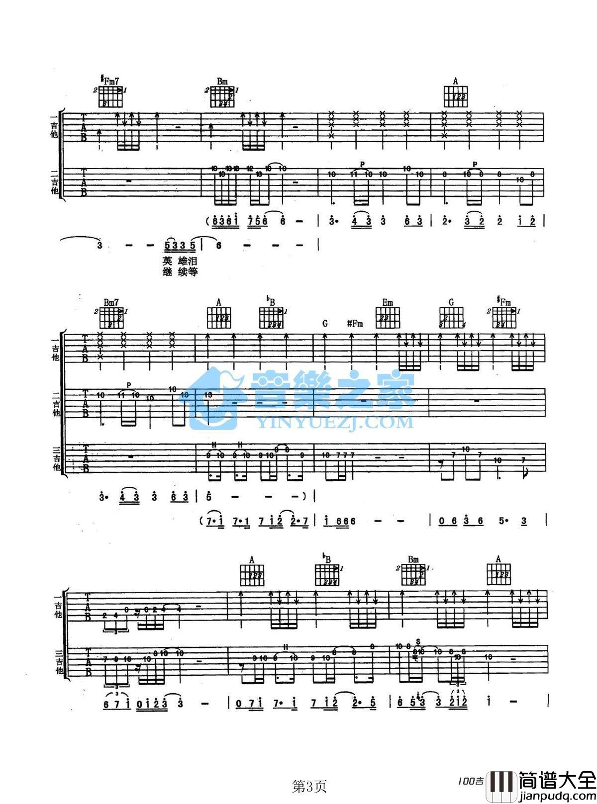 英雄泪吉他谱_王杰_吉他弹唱谱六线谱