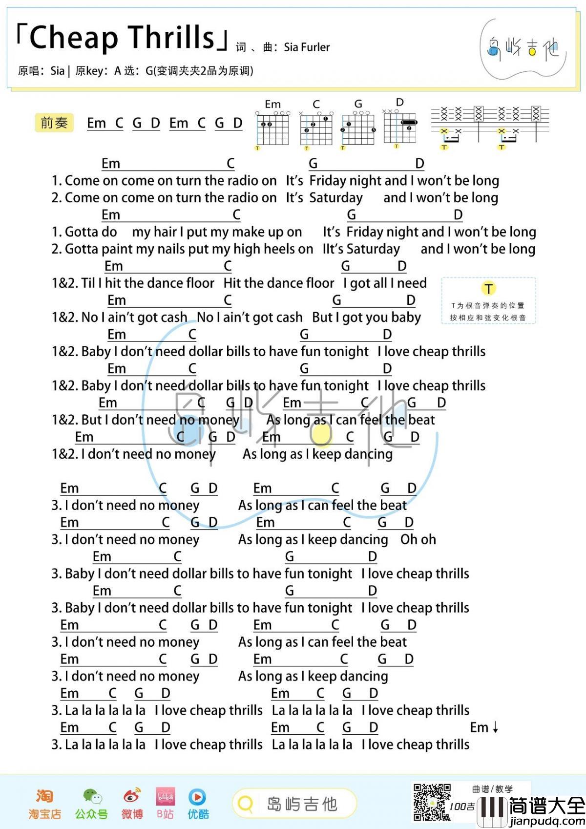 Cheap_Thrills吉他谱_希雅·富勒_G调吉他弹唱谱