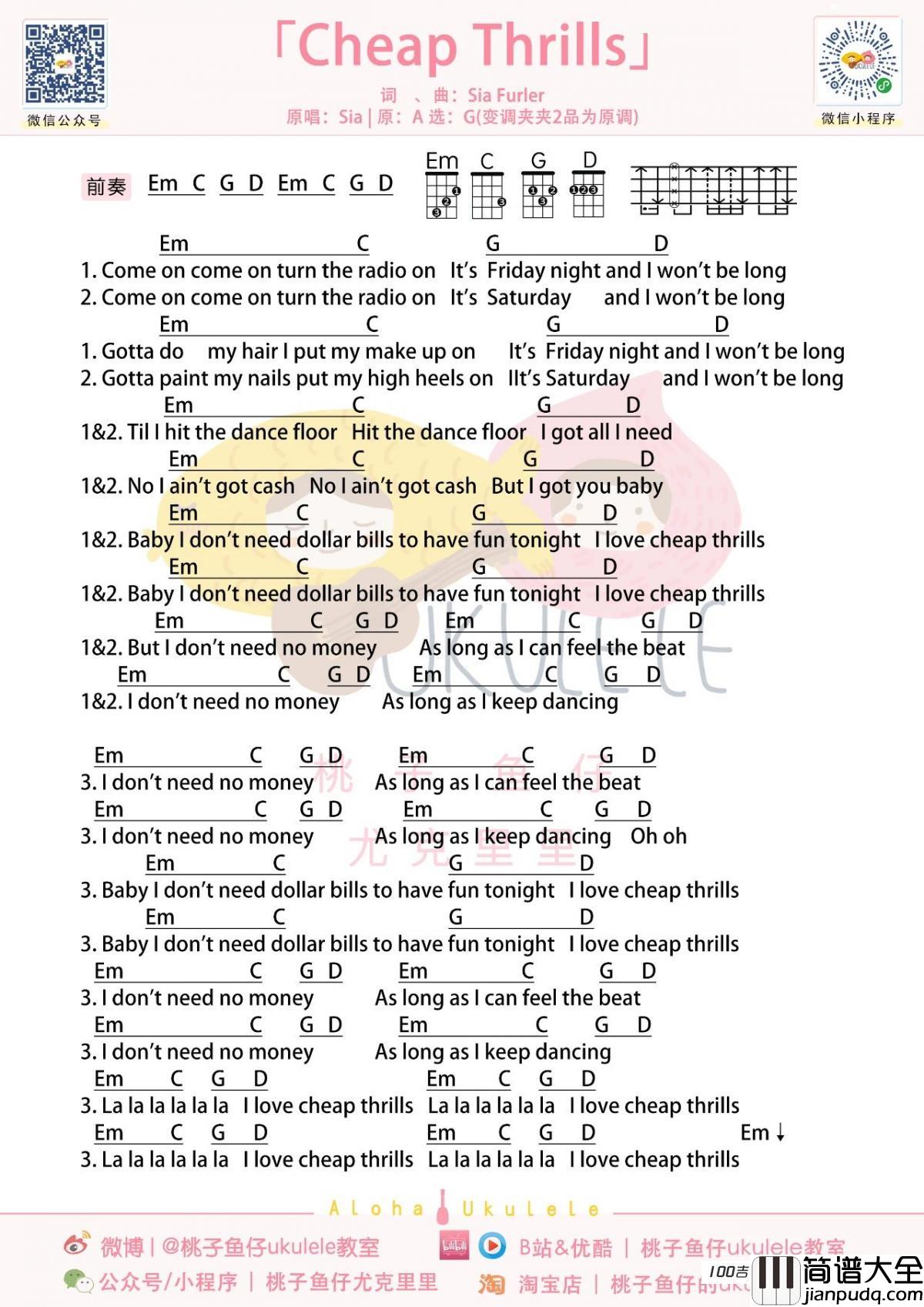 _Cheap_Thrills_尤克里里谱_希雅·富勒_尤克里里弹唱谱