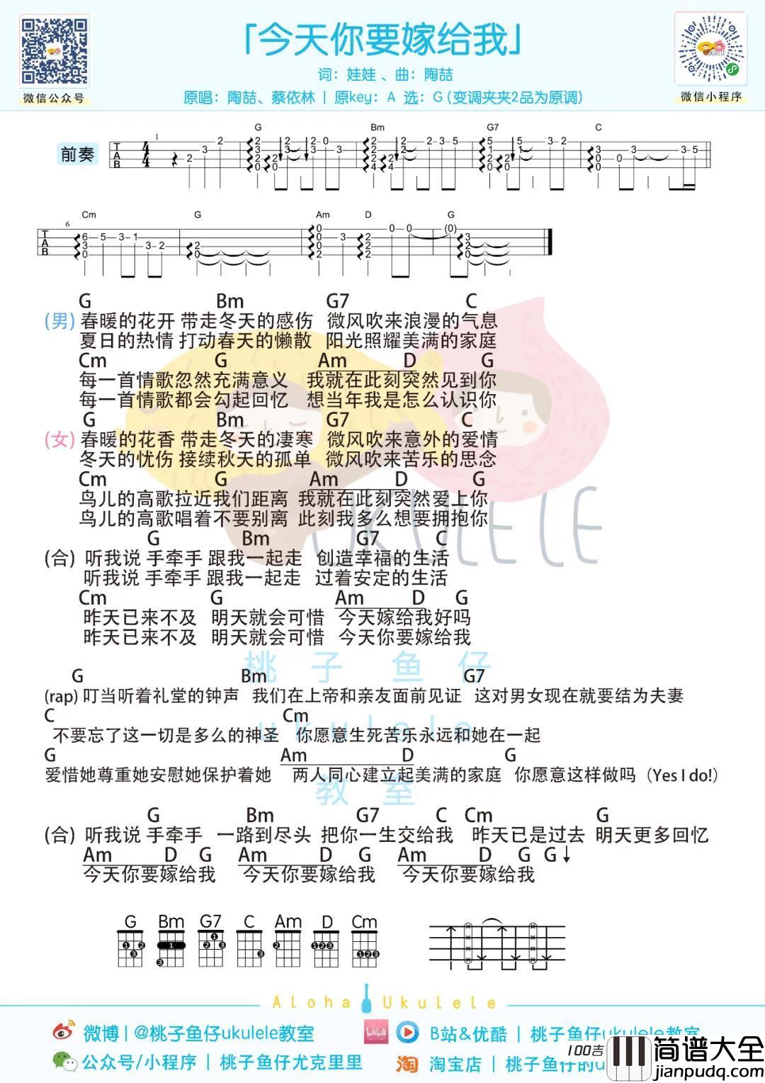 _今天你要嫁给我_尤克里里谱_陶喆/蔡依林_尤克里里弹唱谱