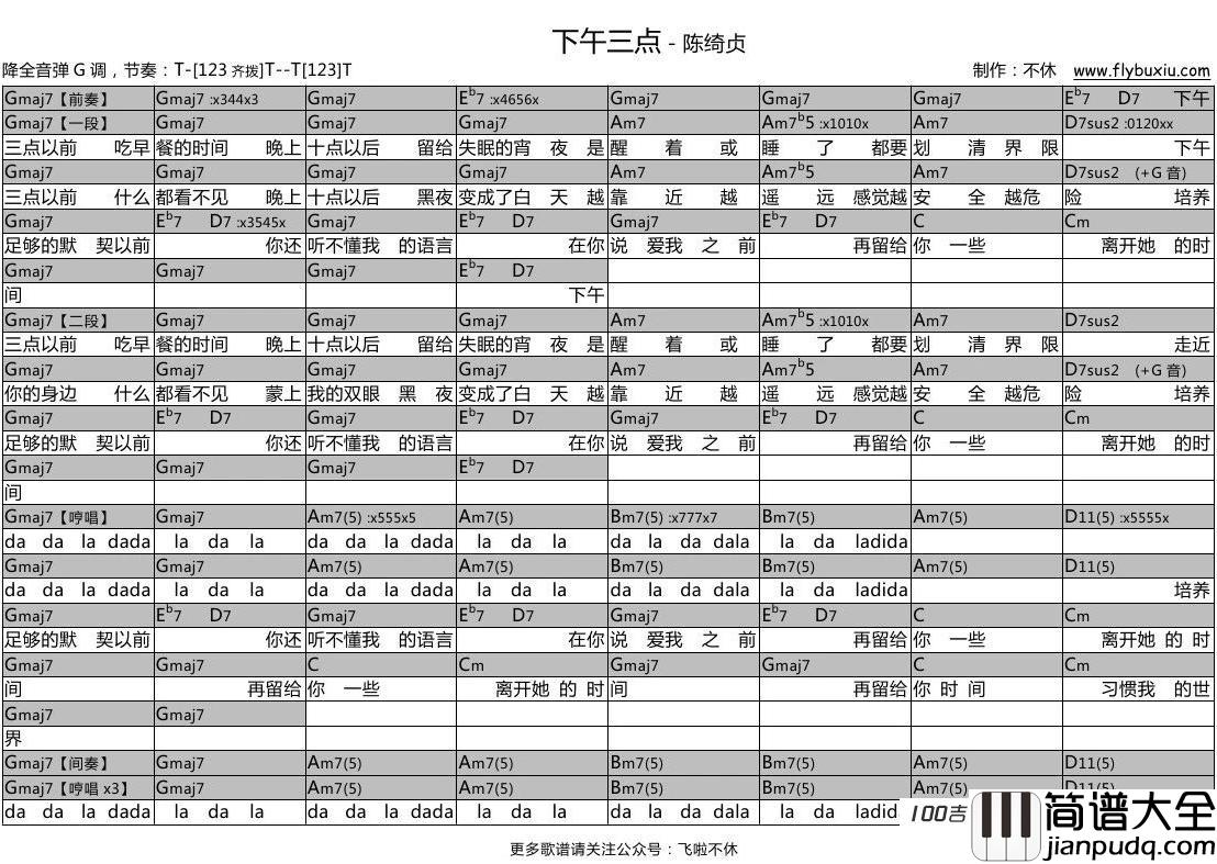 下午三点吉他谱_陈绮贞_G调吉他弹唱谱六线谱