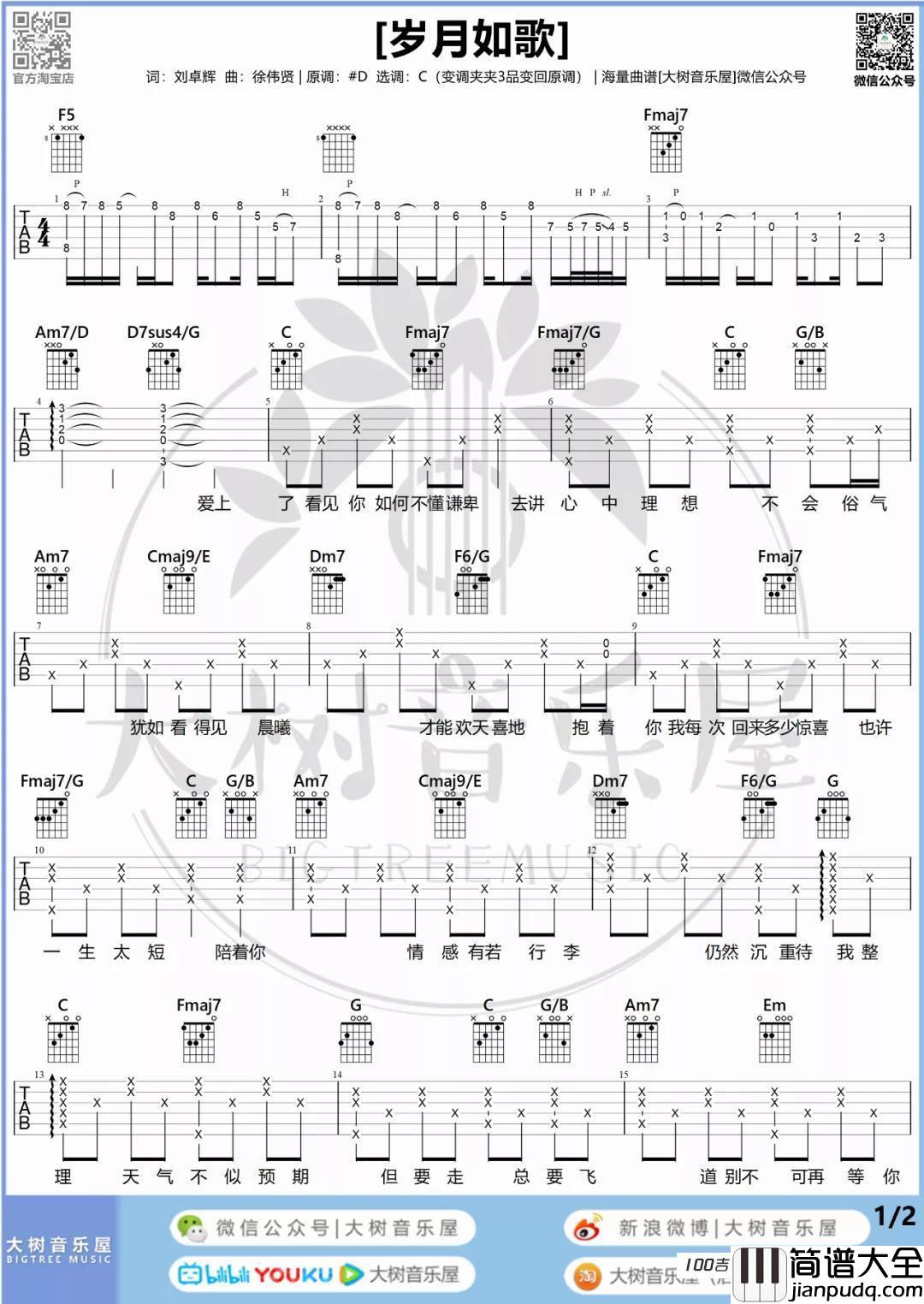 岁月如歌吉他谱_陈奕迅_C调吉他弹唱谱六线谱