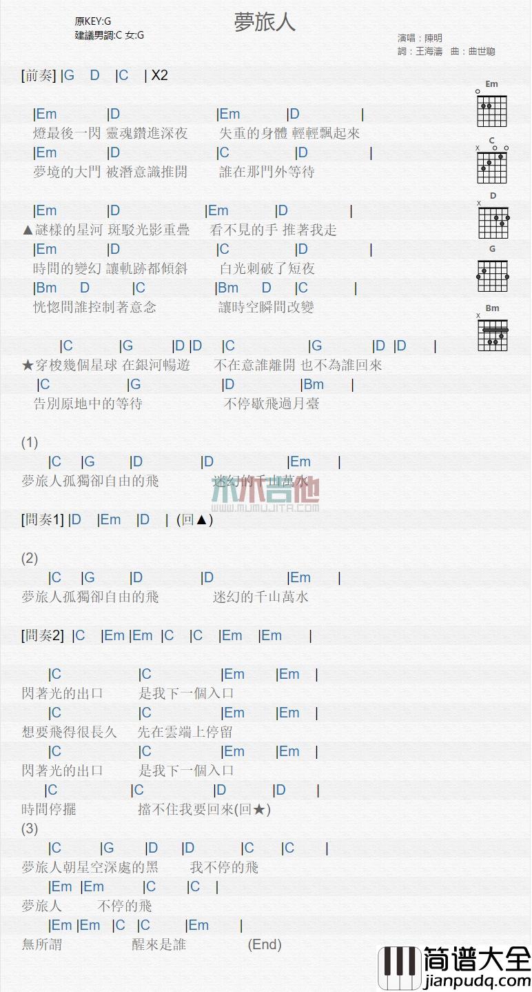 梦旅人吉他谱_陈明_吉他弹唱谱