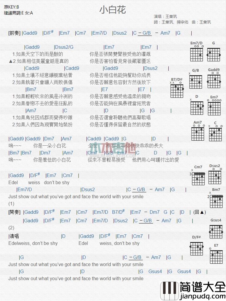 小白花吉他谱_王汇筑