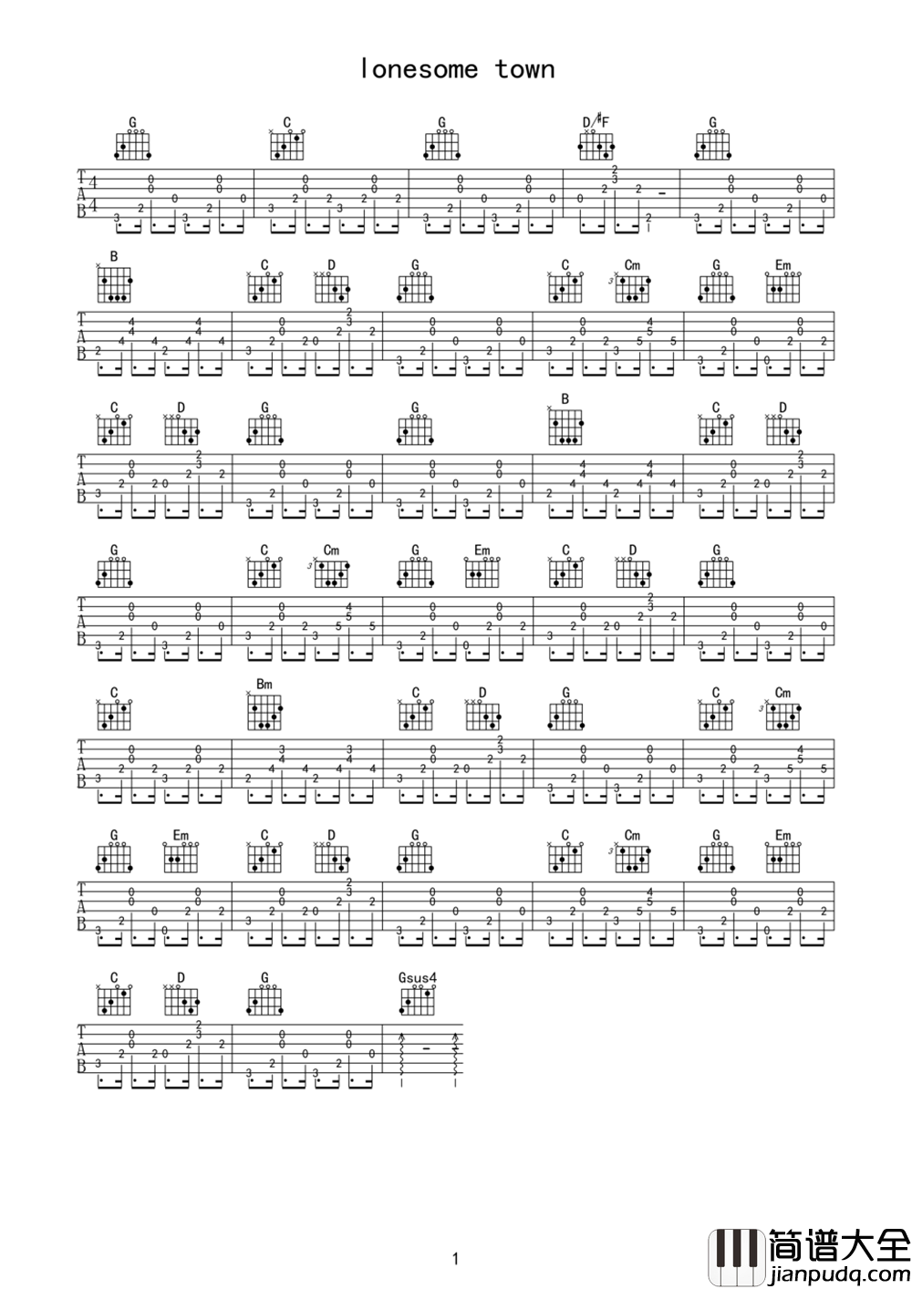 Lonesome_Town吉他指弹谱_Ricky_Nelson吉他独奏谱