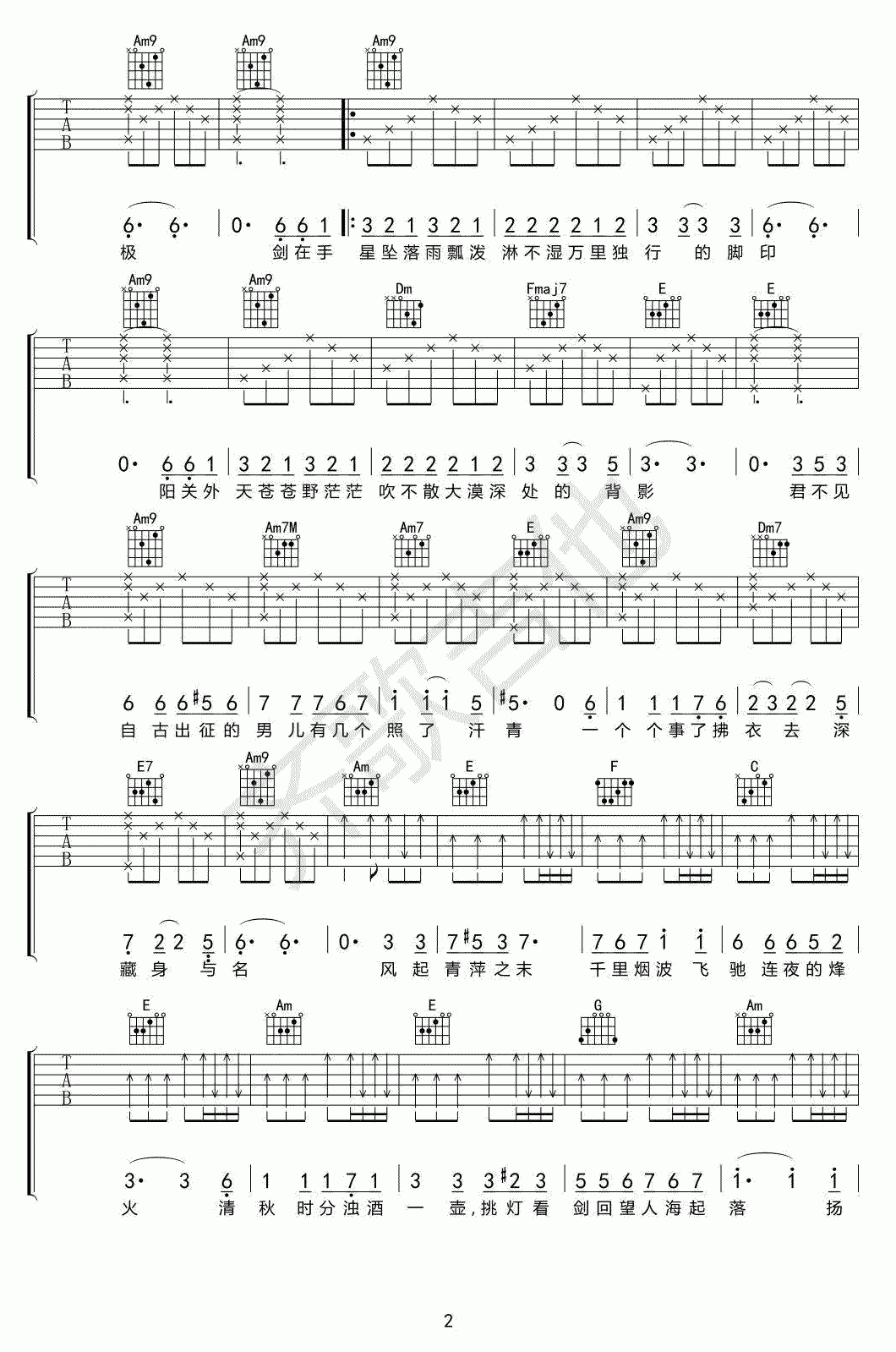 风清扬吉他谱_王菲/马云_C调吉他弹唱谱(六线谱)