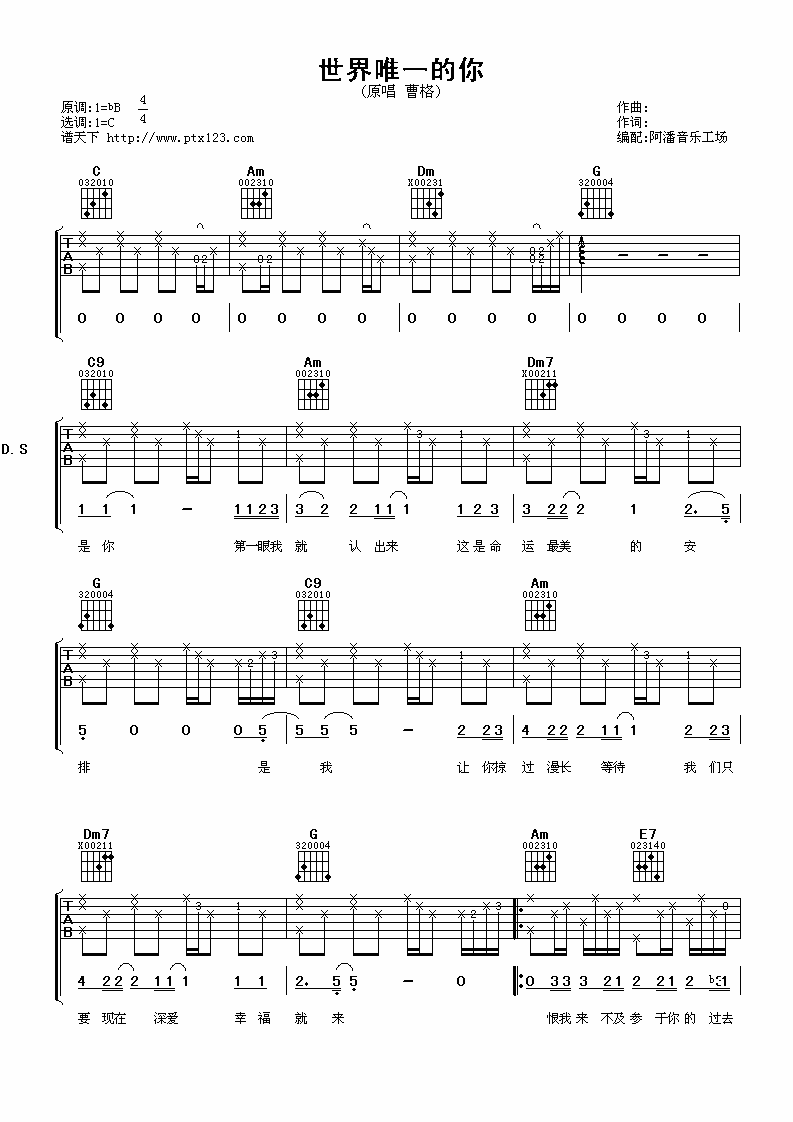 世界唯一的你吉他谱_C调六线谱_阿潘音乐工厂编配_曹格