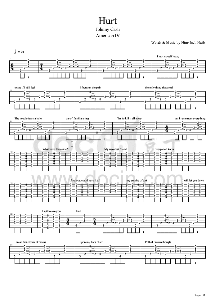 hurt指弹谱_原调六线谱_Johnny_Cash