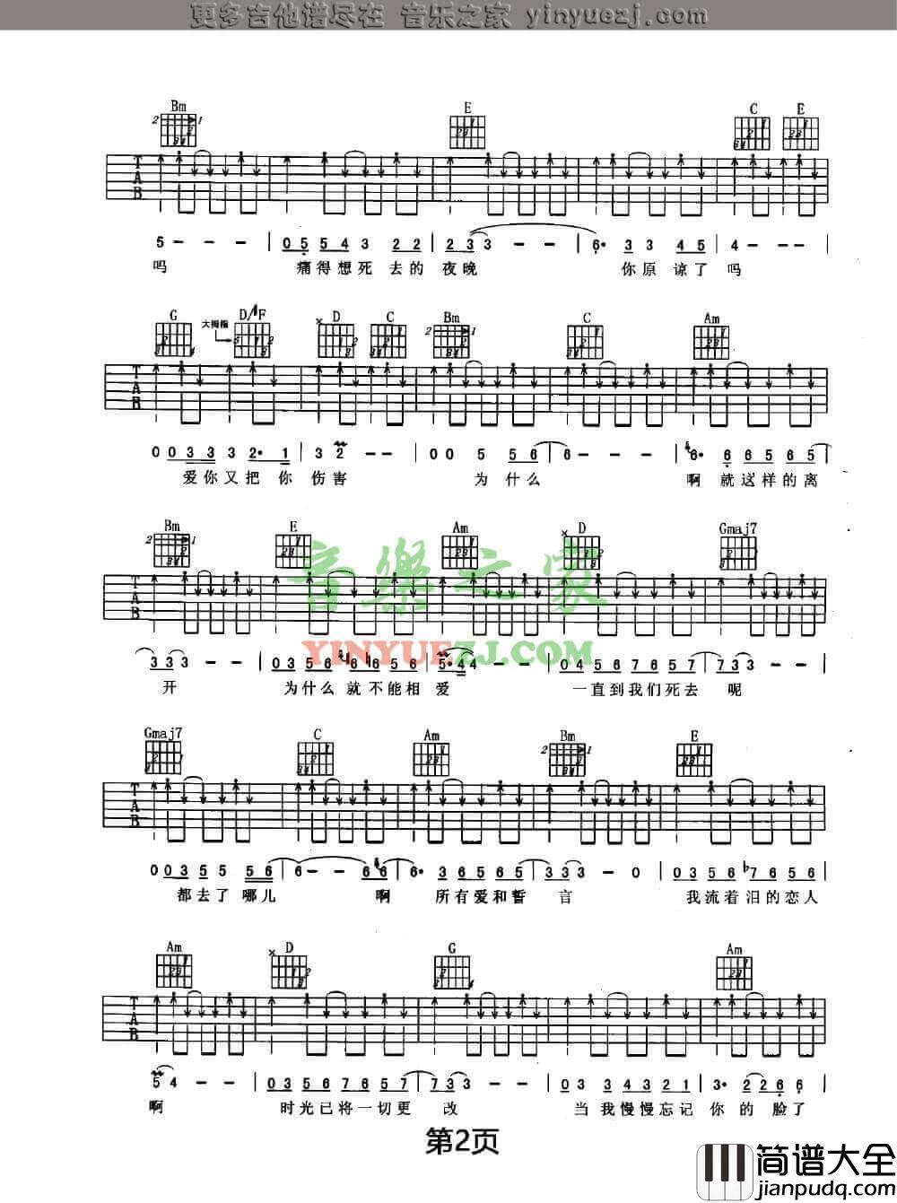 我爱你再见吉他谱_G调扫弦版_朴树