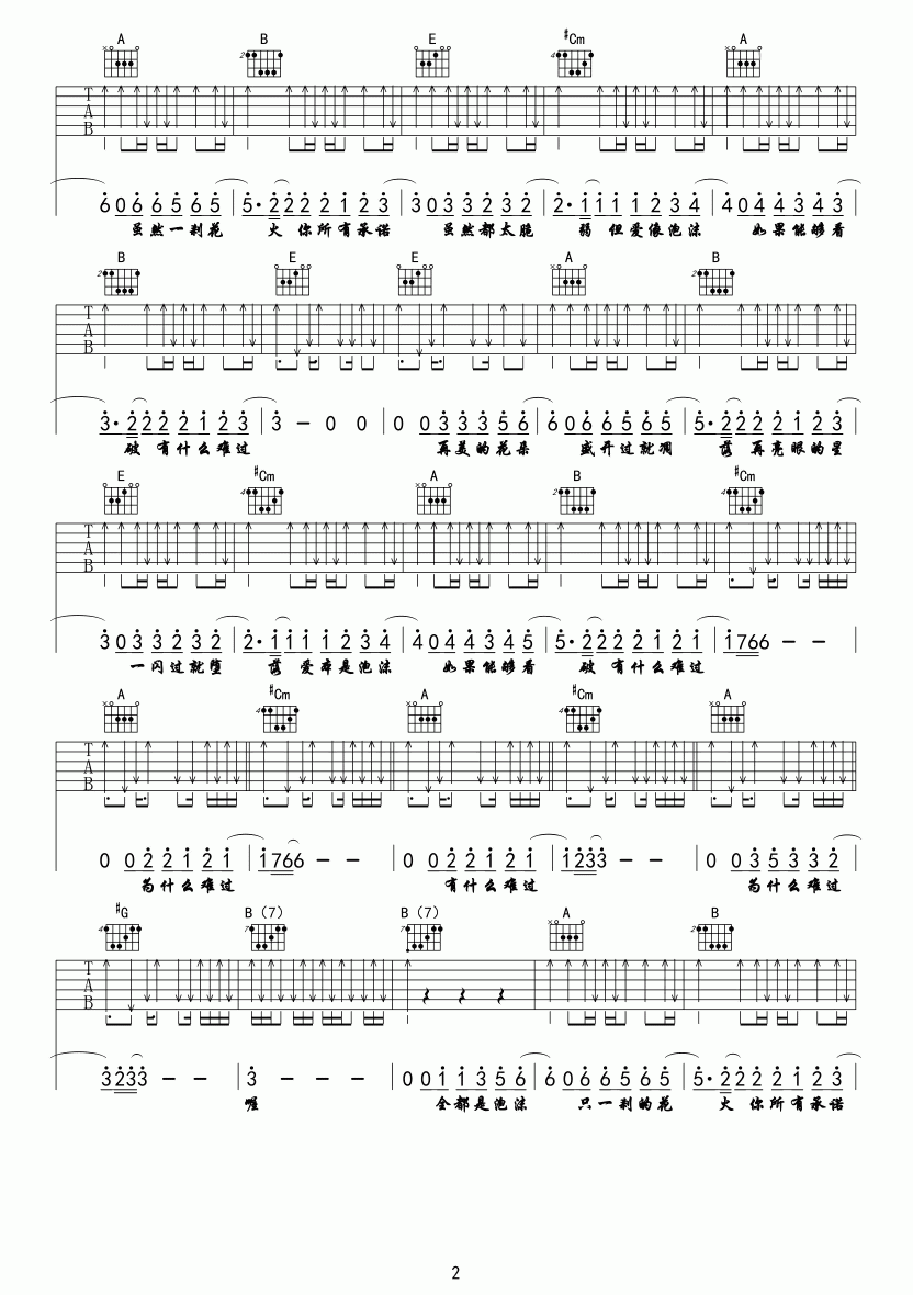 泡沫吉他谱_C调六线谱_博艺琴行编配_邓紫棋