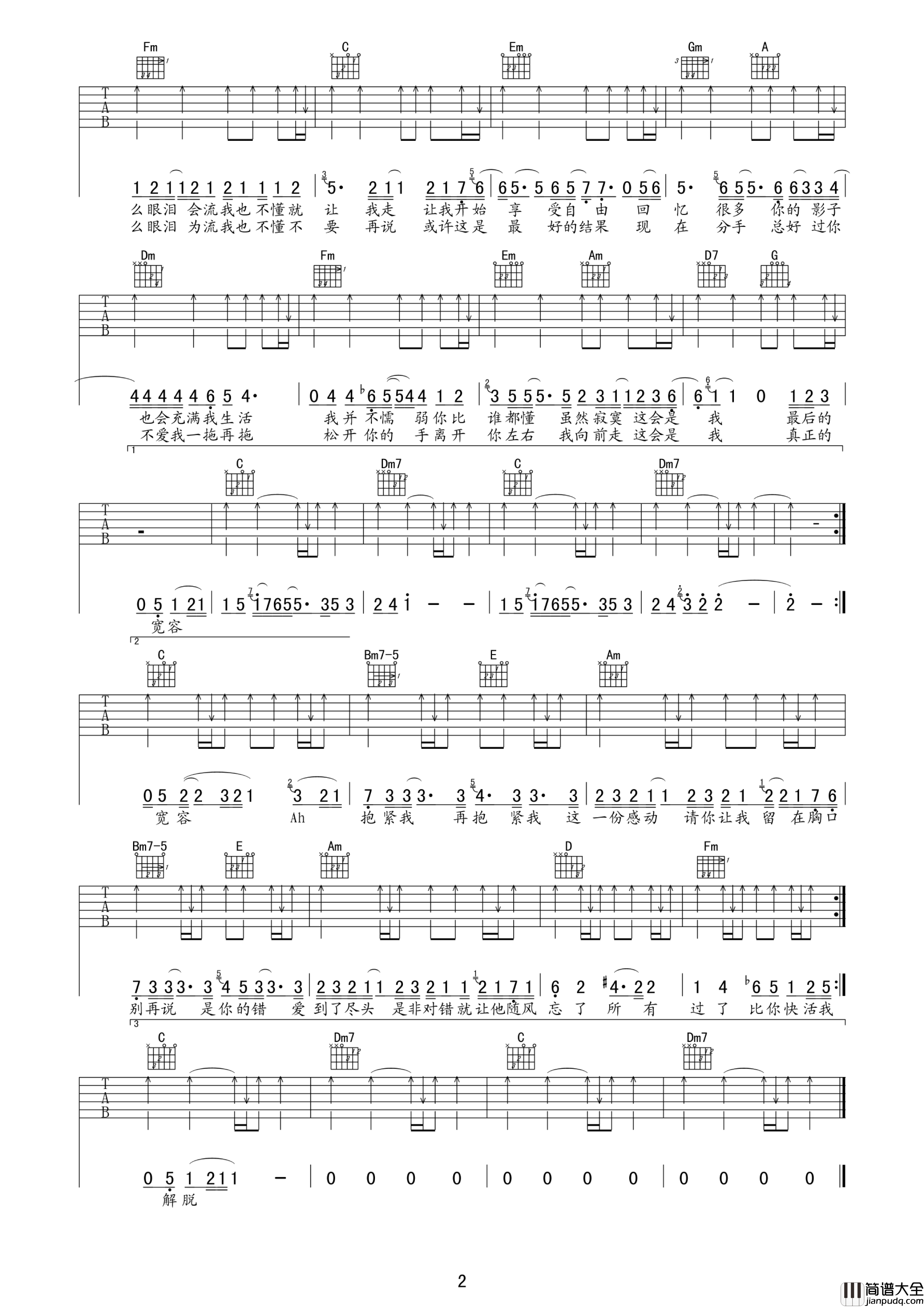 我不难过吉他谱_E调六线谱_女生版_孙燕姿