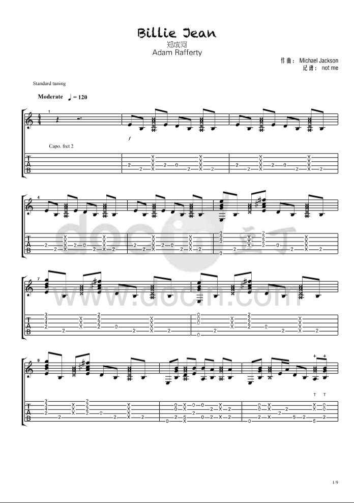 billie_jean指弹谱_原调六线谱_郑成河