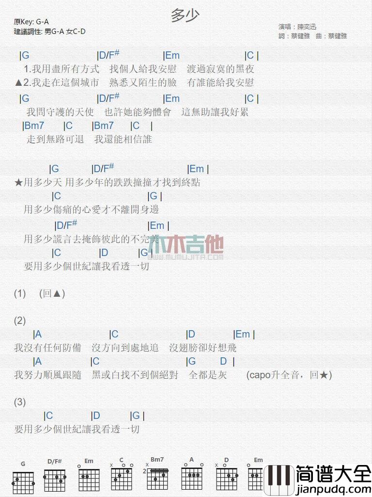 多少吉他谱_G调和弦谱_陈奕迅