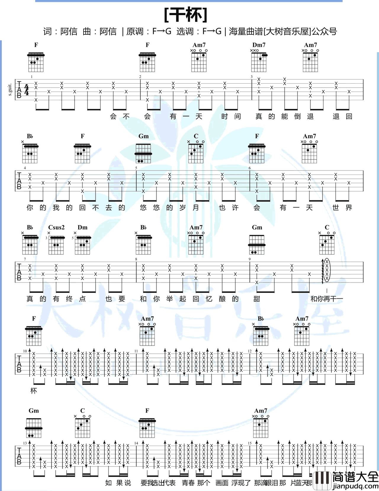 _干杯_吉他谱_F调原版_五月天_大树音乐屋制谱