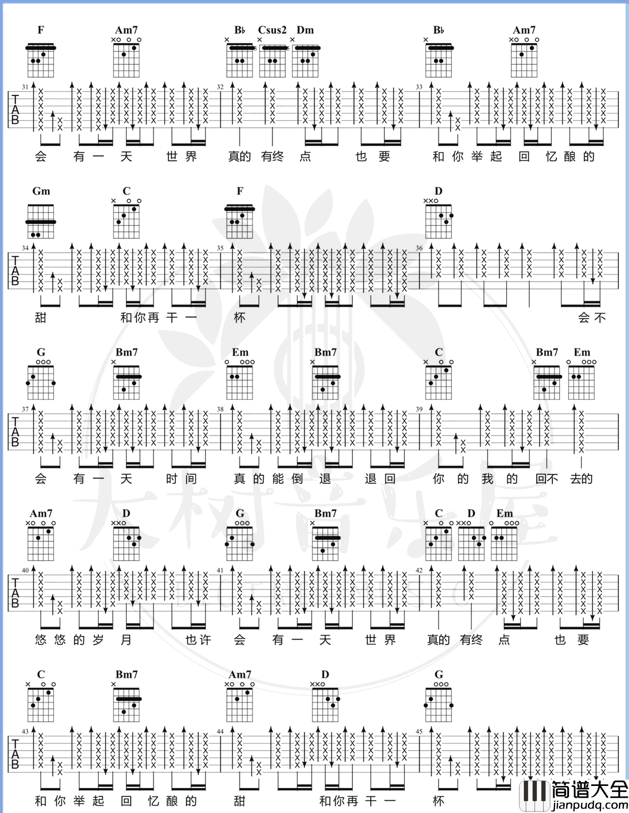 _干杯_吉他谱_F调原版_五月天_大树音乐屋制谱