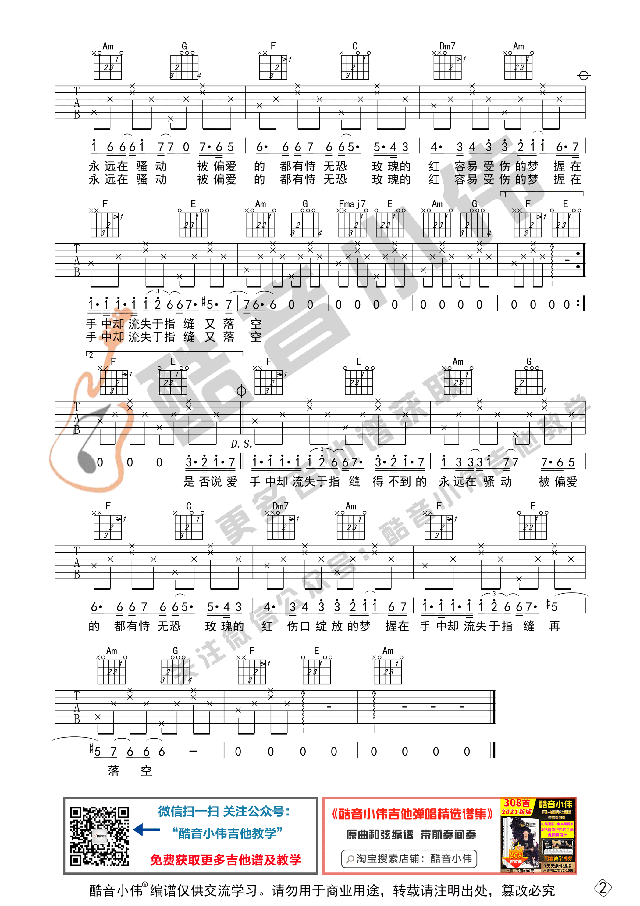 _红玫瑰_吉他谱_C调六线谱_酷音小伟编配_陈奕迅