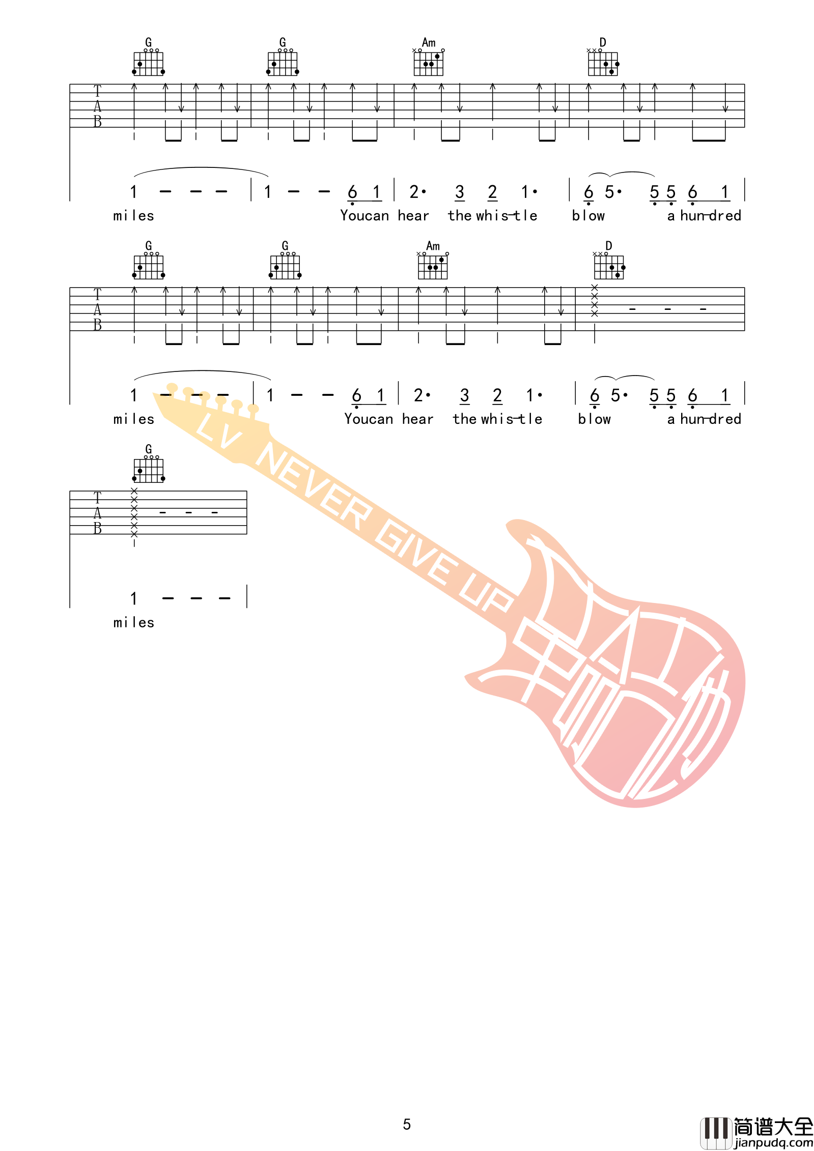 _Five_hundred_miles_吉他谱500里G调原版_革命吉他编配