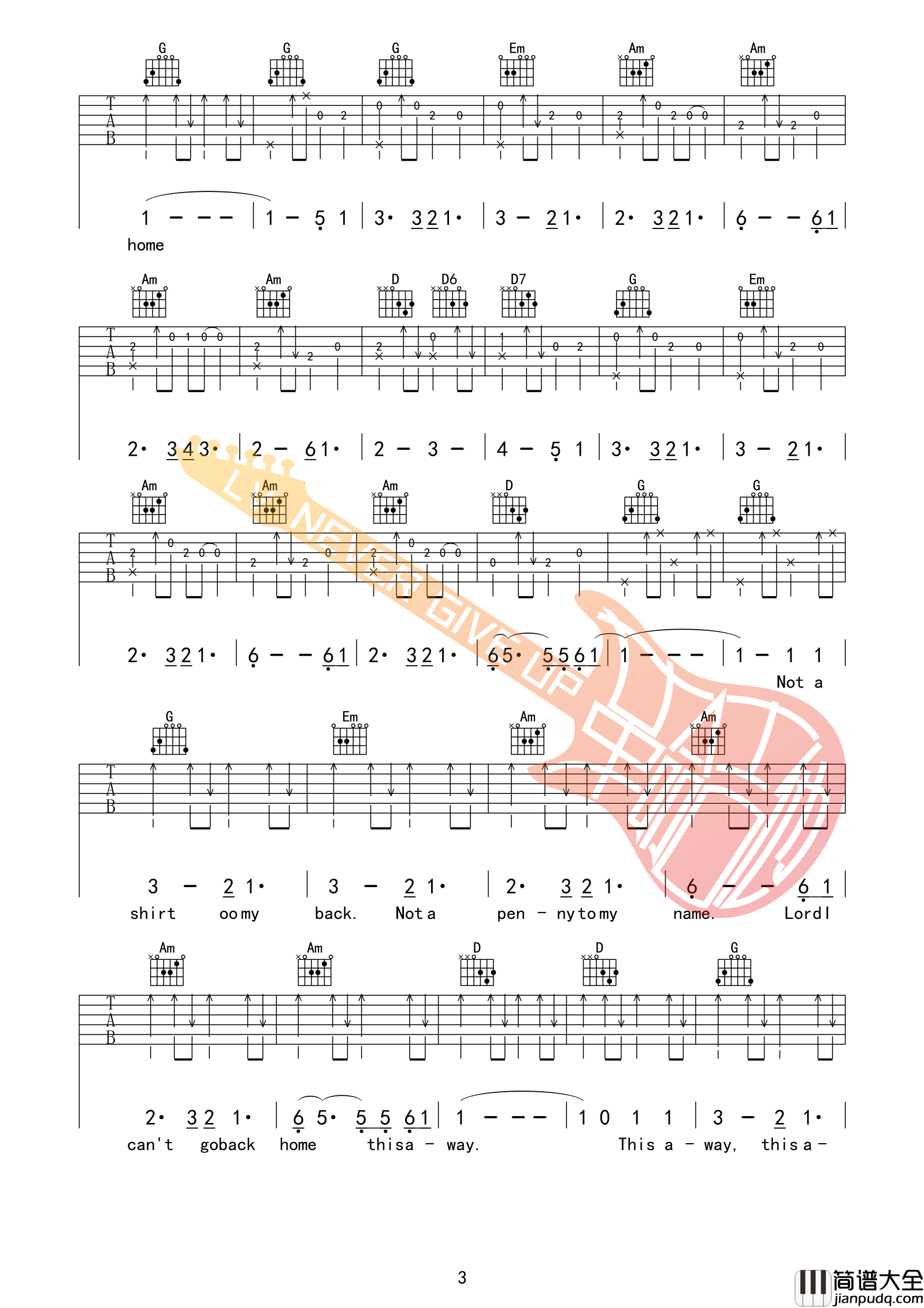 _Five_hundred_miles_吉他谱500里G调原版_革命吉他编配