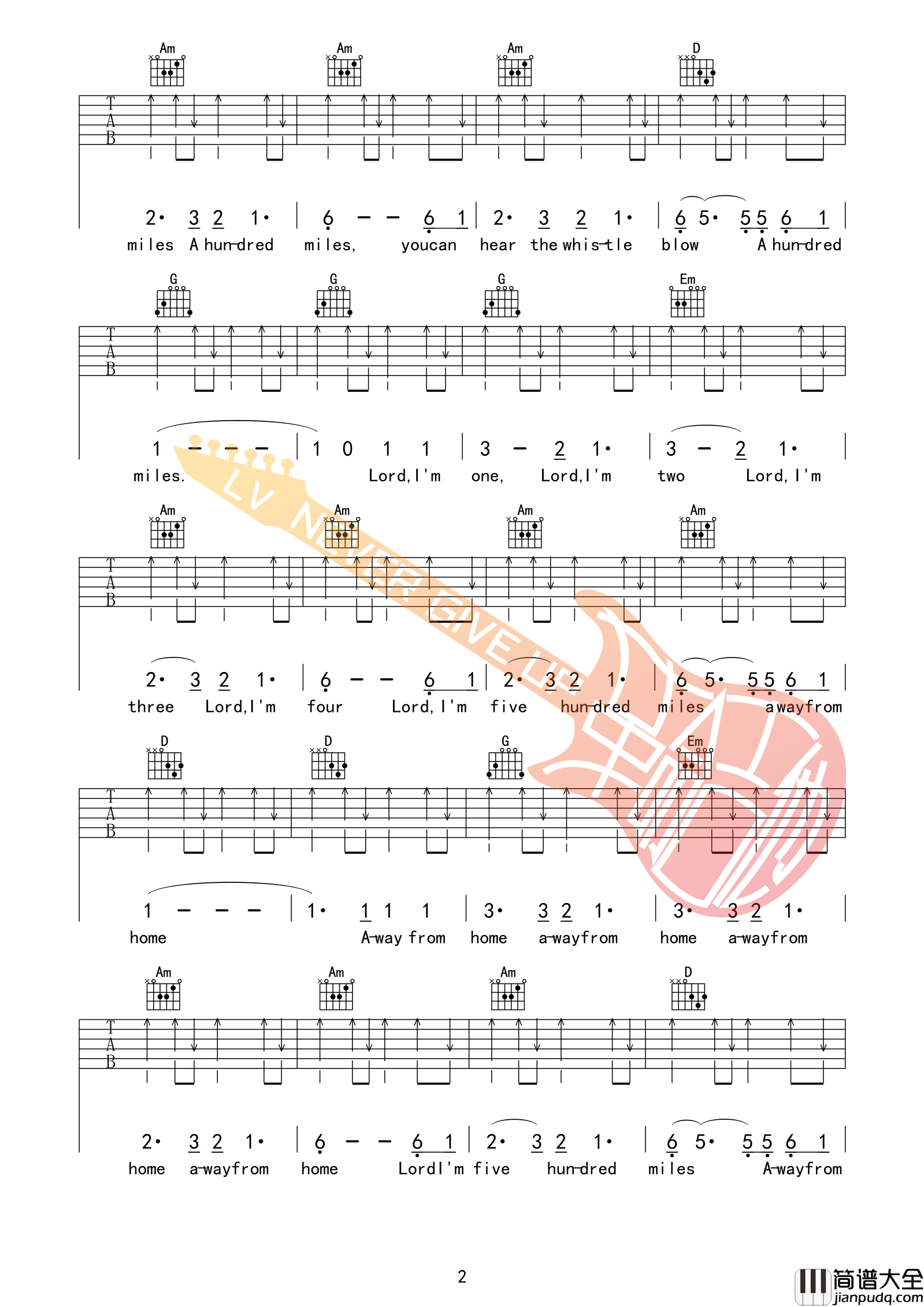 _Five_hundred_miles_吉他谱500里G调原版_革命吉他编配