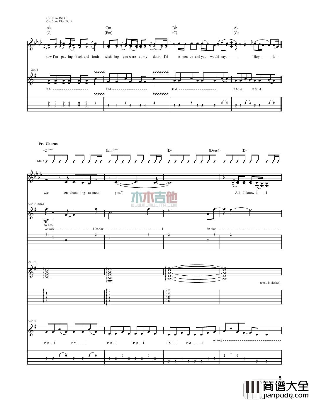 enchanted指弹谱_原调六线谱_木木吉他编配_Taylor_Swift