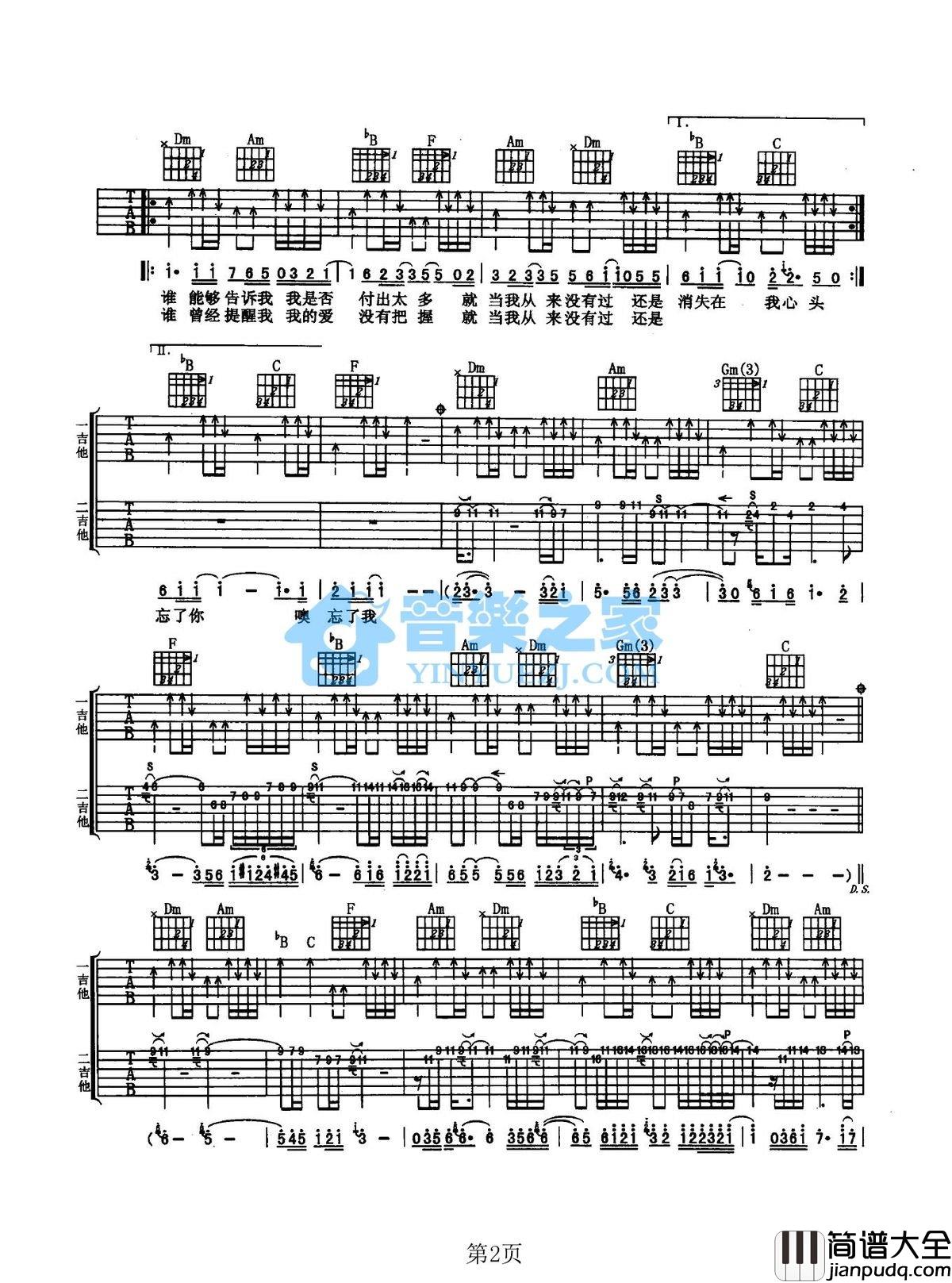 忘了你忘了我吉他谱_F调扫弦版_音乐之家编配_王杰