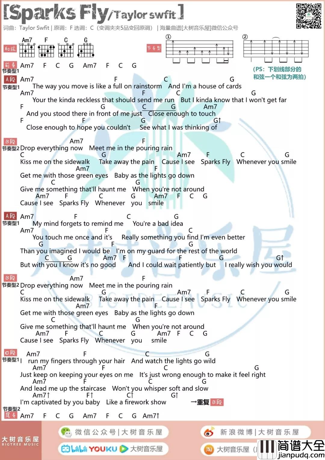 Sparks_Fly吉他谱_C调扫弦版_大树音乐屋编配_Taylor_Swift
