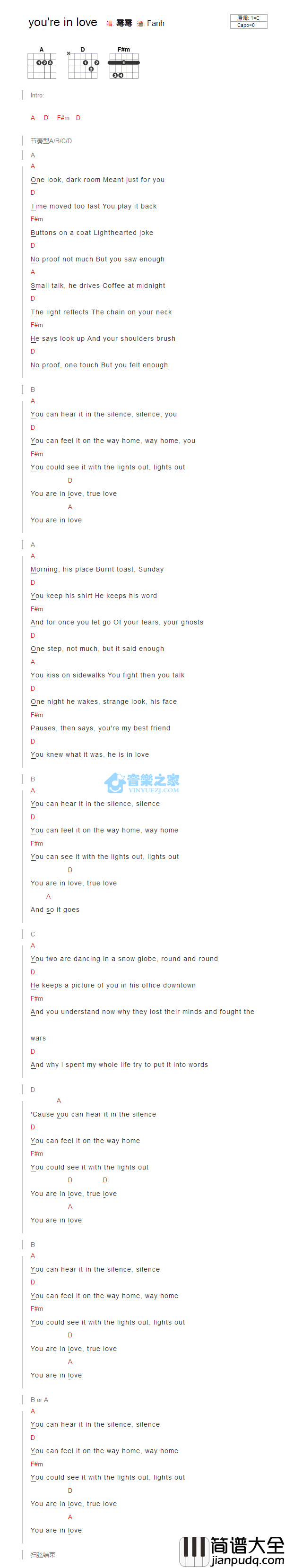 you_are_in_love吉他谱_C调和弦谱_音乐之家编配_Taylor_Swift