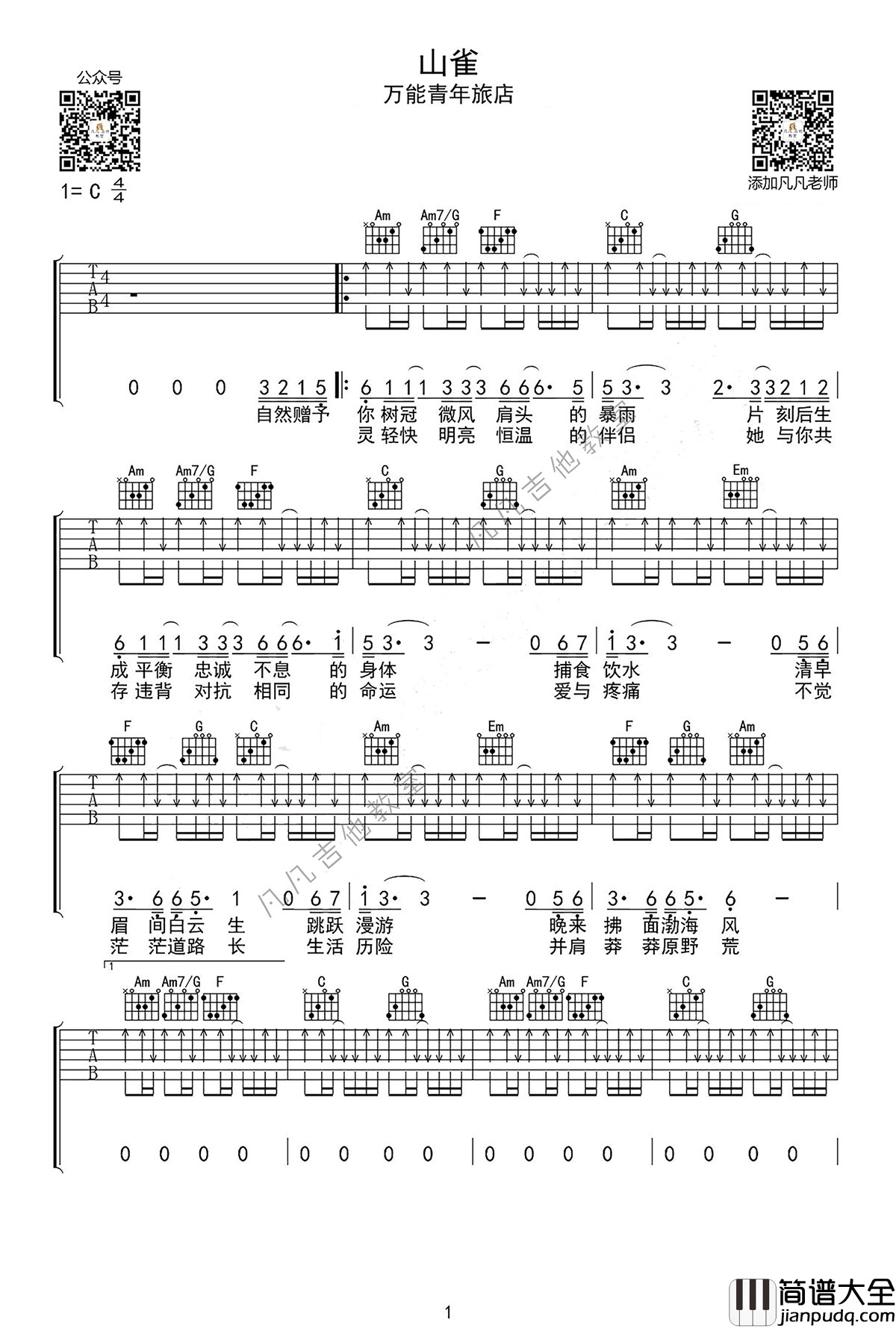 山雀吉他谱_G调扫弦版_凡凡吉他教室编配_万能青年旅店