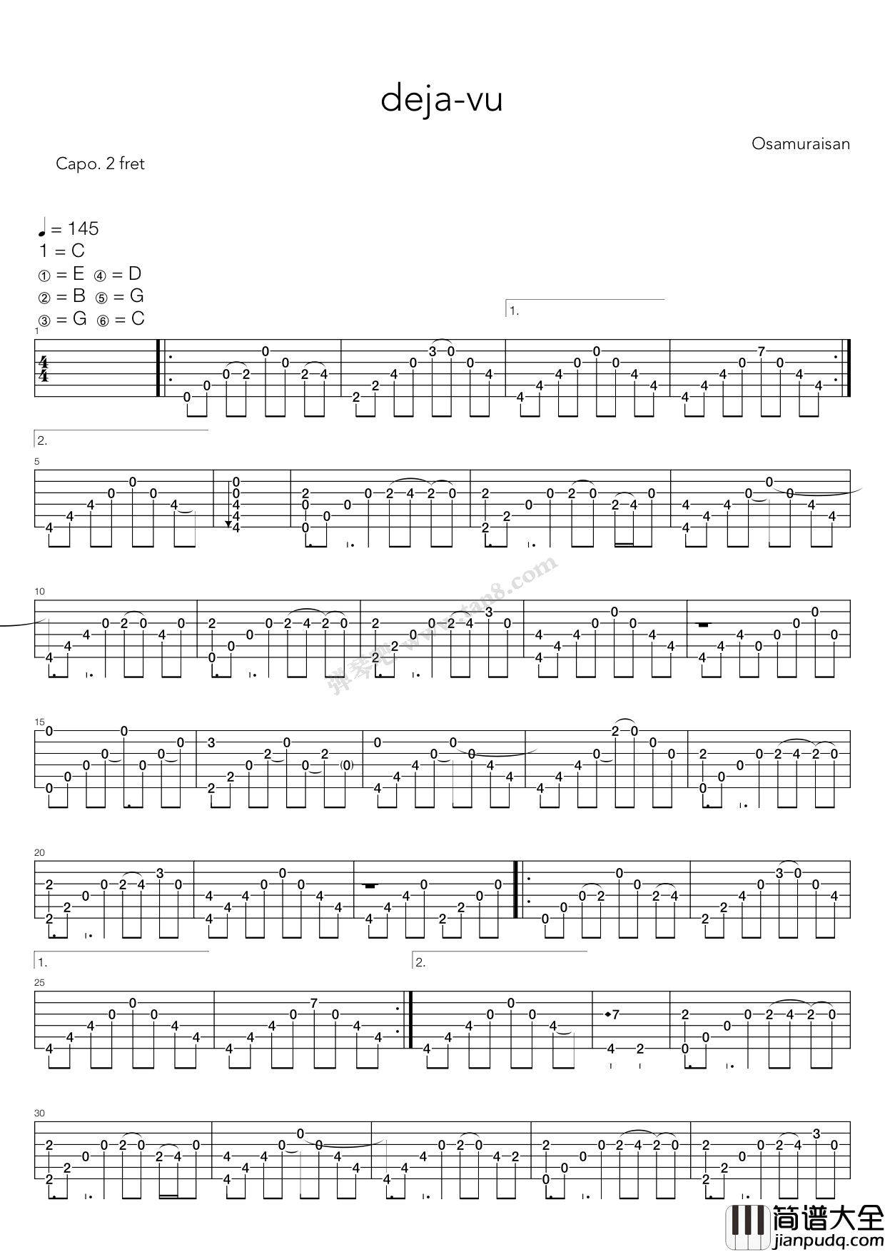 即视感指弹谱_C调简单版_弹琴吧编配_武士桑