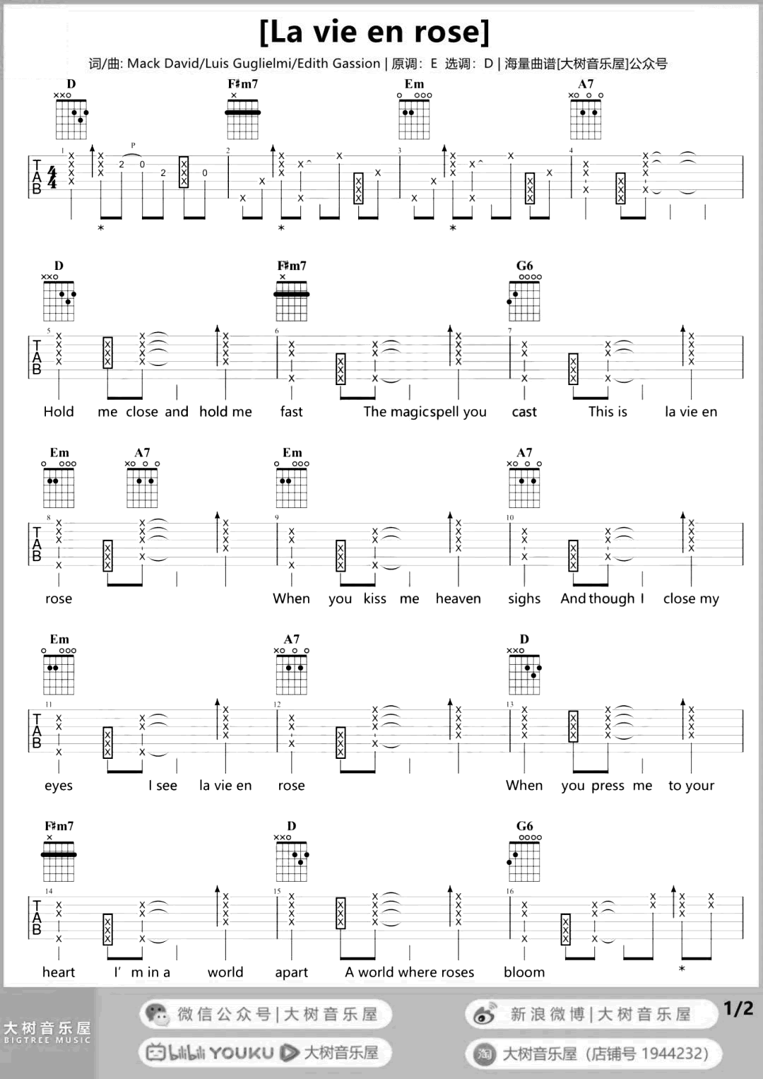 玫瑰人生吉他谱_La_Vie_en_rose_吉他弹唱演示+教学视频