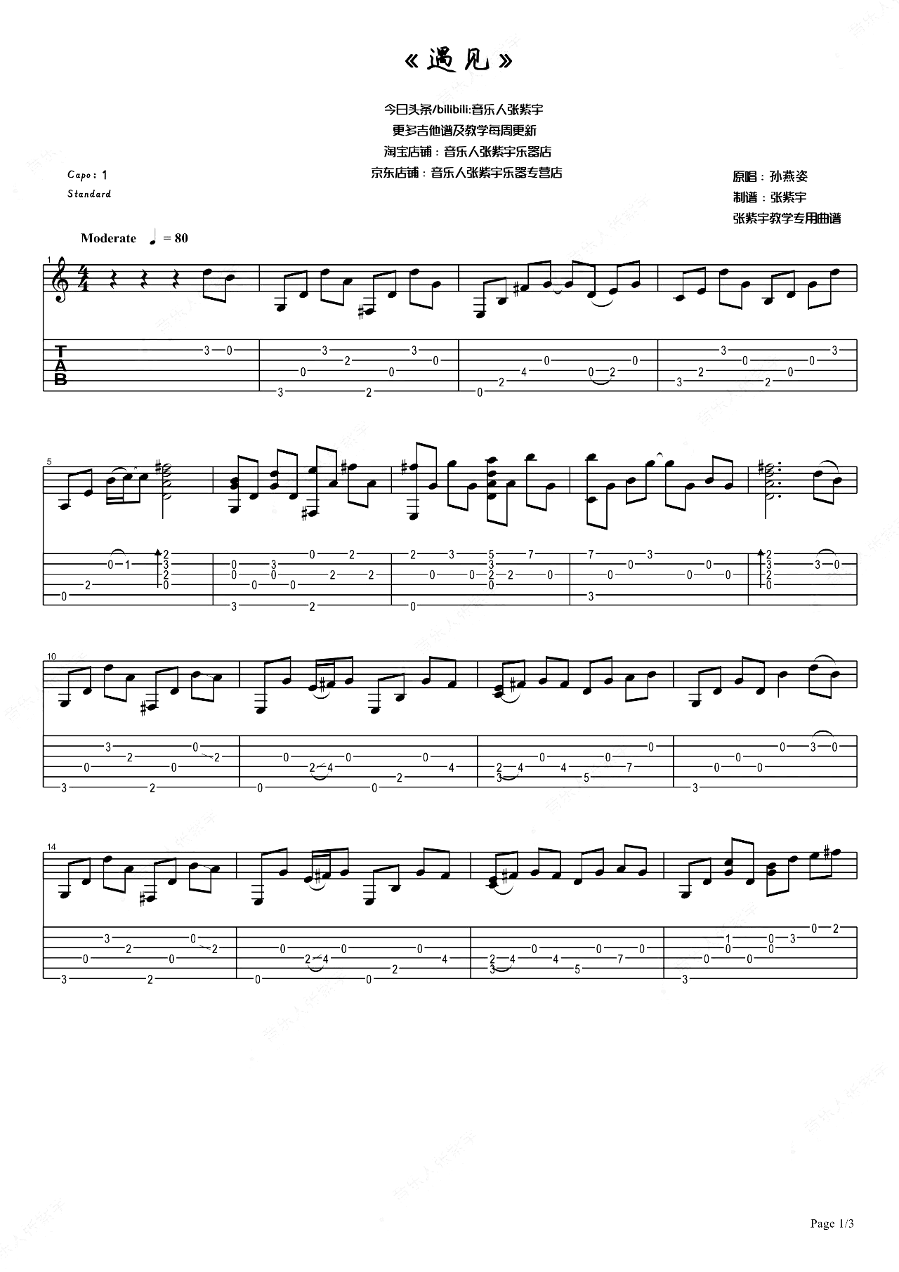 遇见指弹谱_孙燕姿_吉他独奏唯美版本_指弹演示教学视频