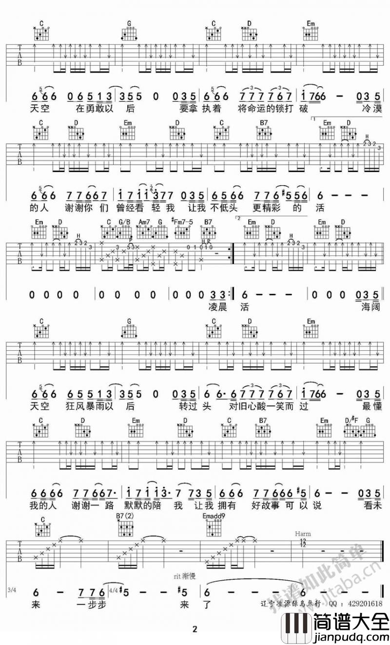 海阔天空吉他谱_信乐团_图片六线谱