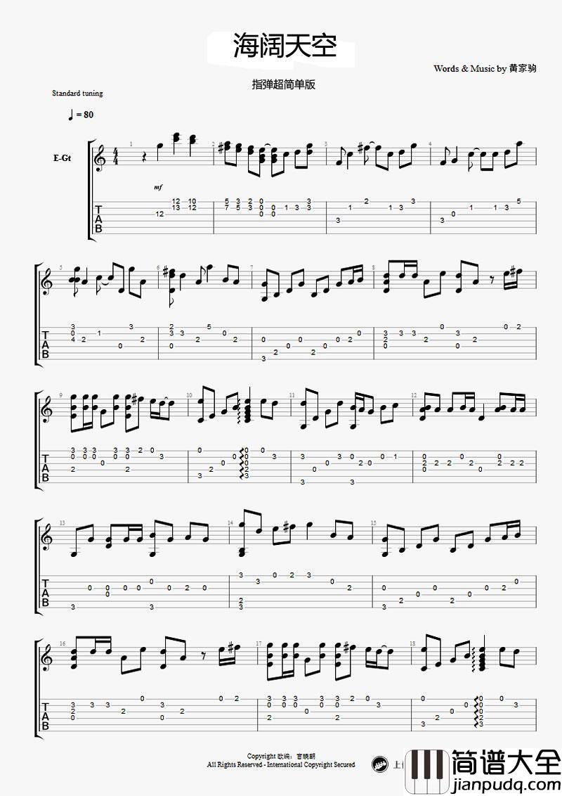 海阔天空指弹谱简单版_吉他独奏谱_Beyond