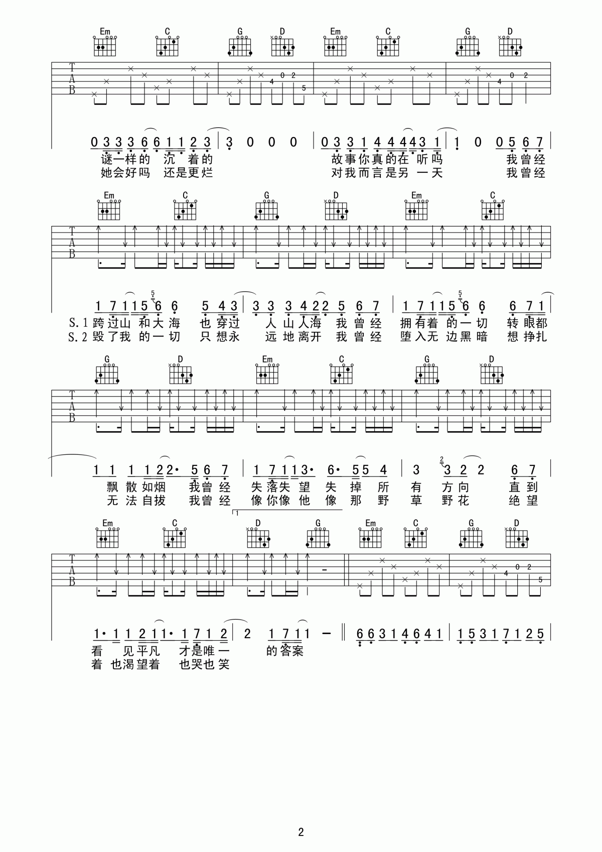 平凡之路吉他谱_G调_朴树