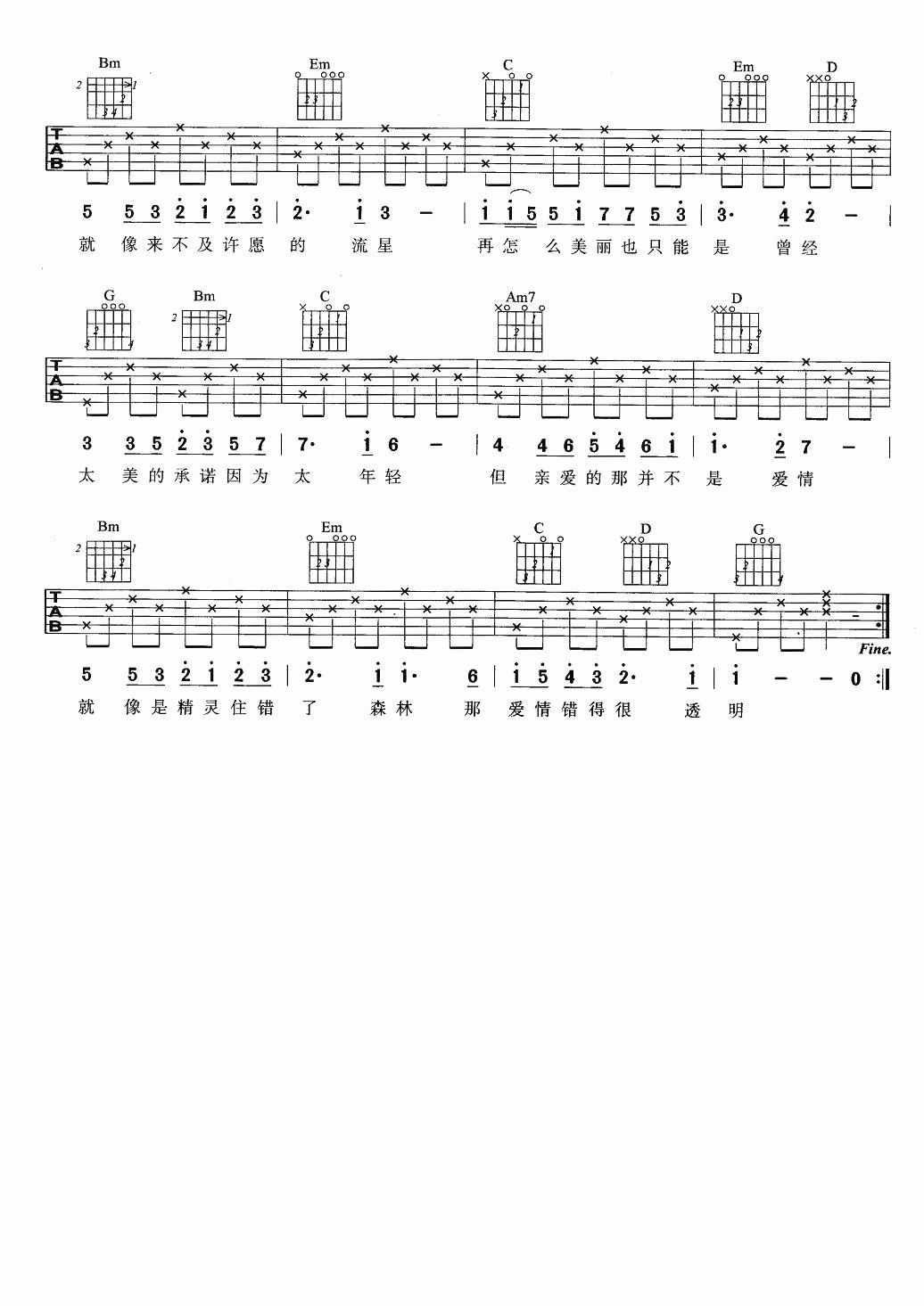 亲爱的那不是爱情吉他谱_G调_简单版_张韶涵