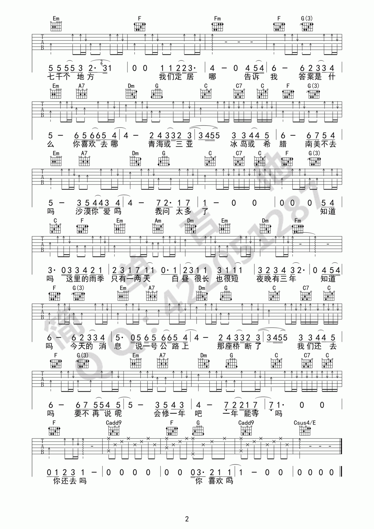 我喜欢上你时的内心活动_吉他谱_陈绮贞