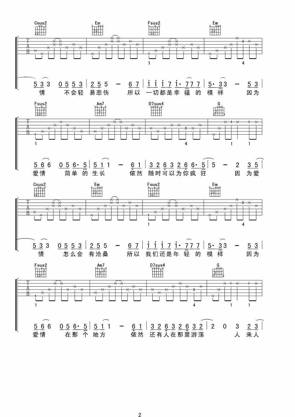 王菲&陈奕迅_因为爱情吉他谱_女声版