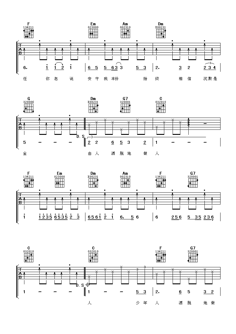 沉默是金吉他谱_C调六线谱_阿潘音乐工场编配_张国荣