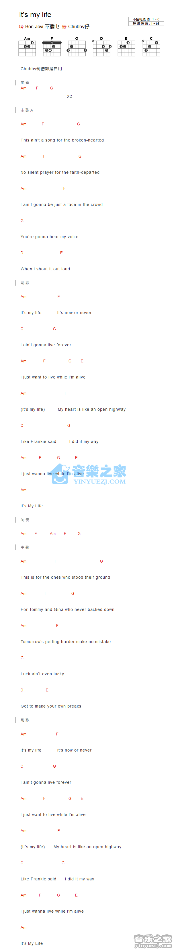 its_my_life吉他谱_C调和弦谱_bon_jovi