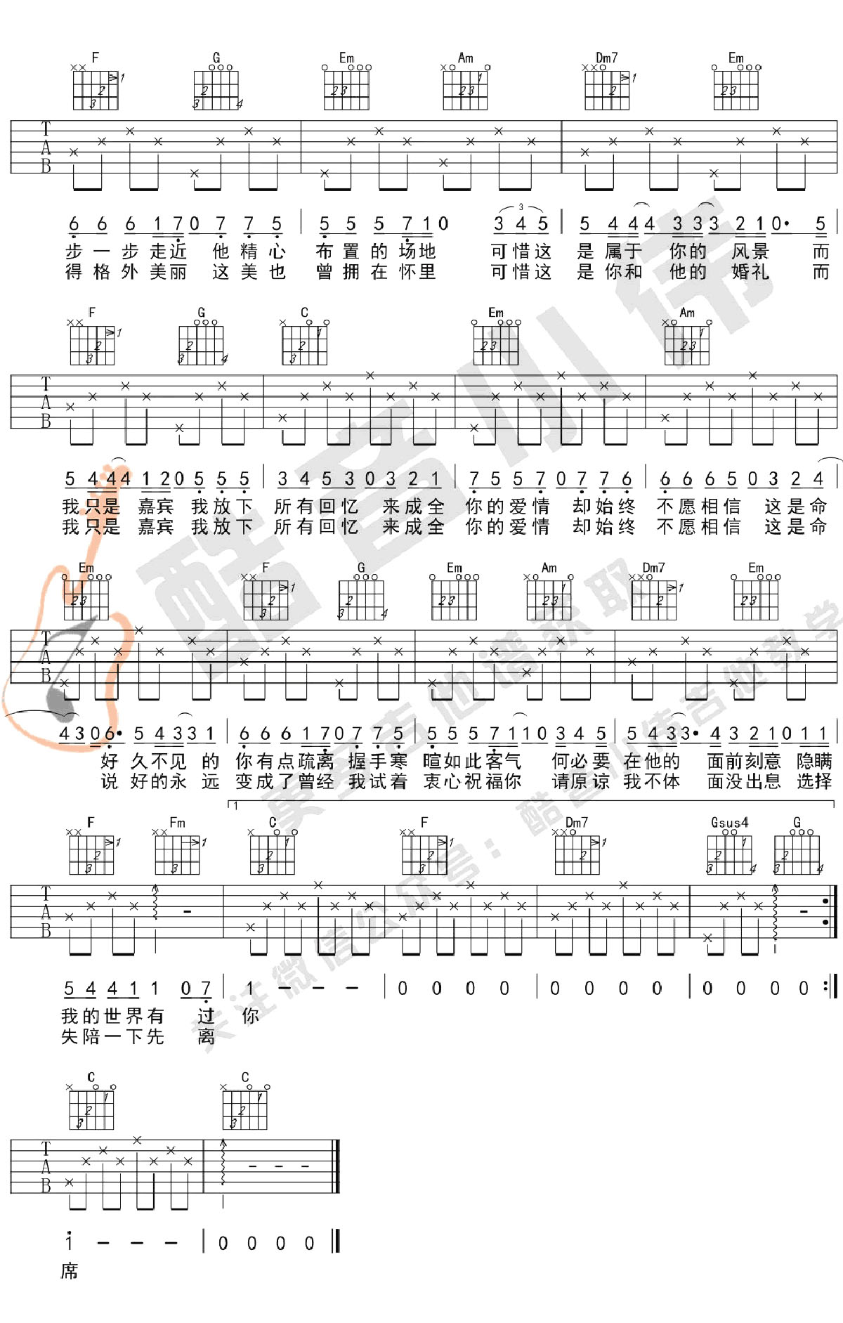 嘉宾吉他谱_张远_C调和弦弹唱谱_简单版_图谱2