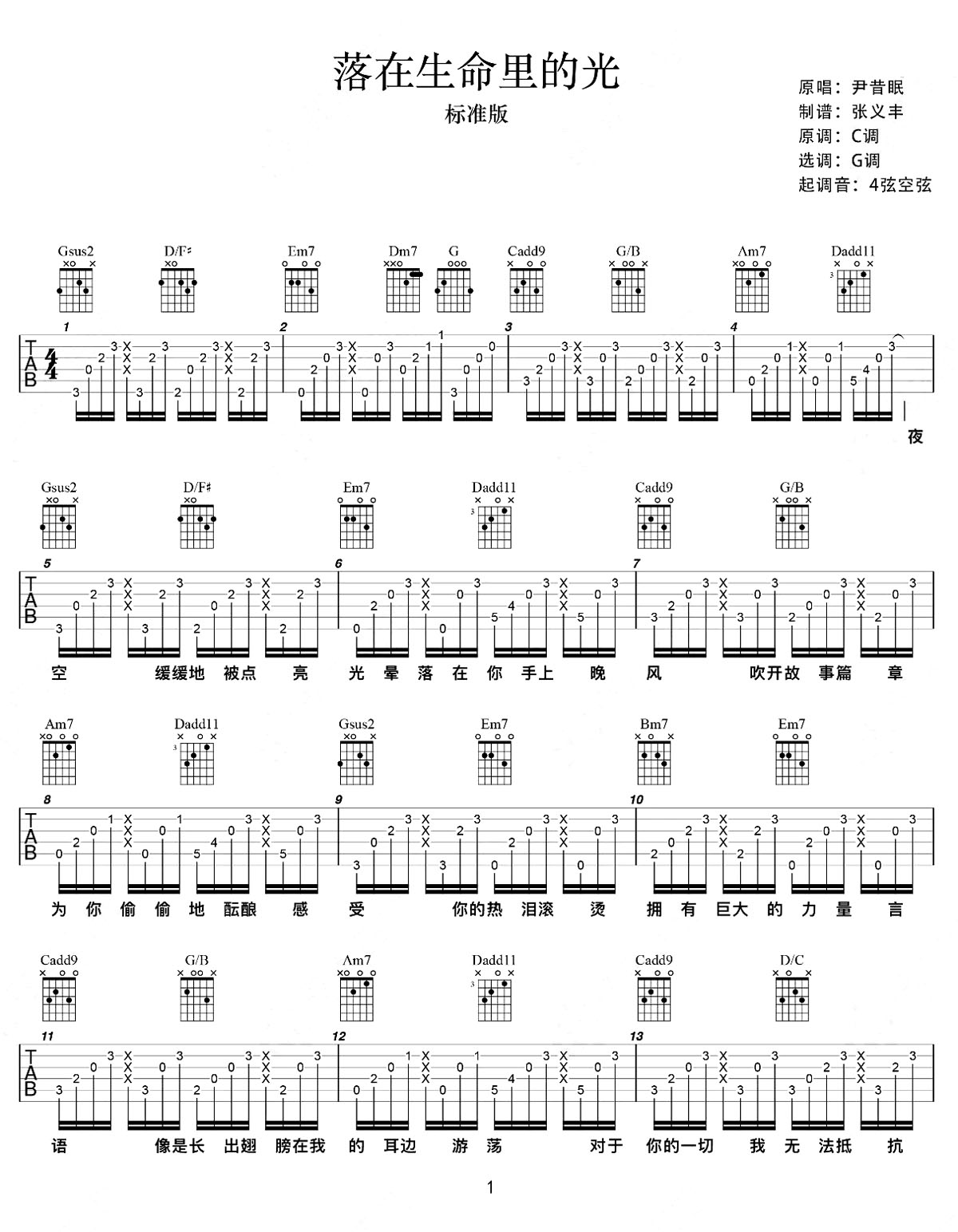 落在生命里的光吉他谱_尹昔眠_G调和弦弹唱谱_图谱1
