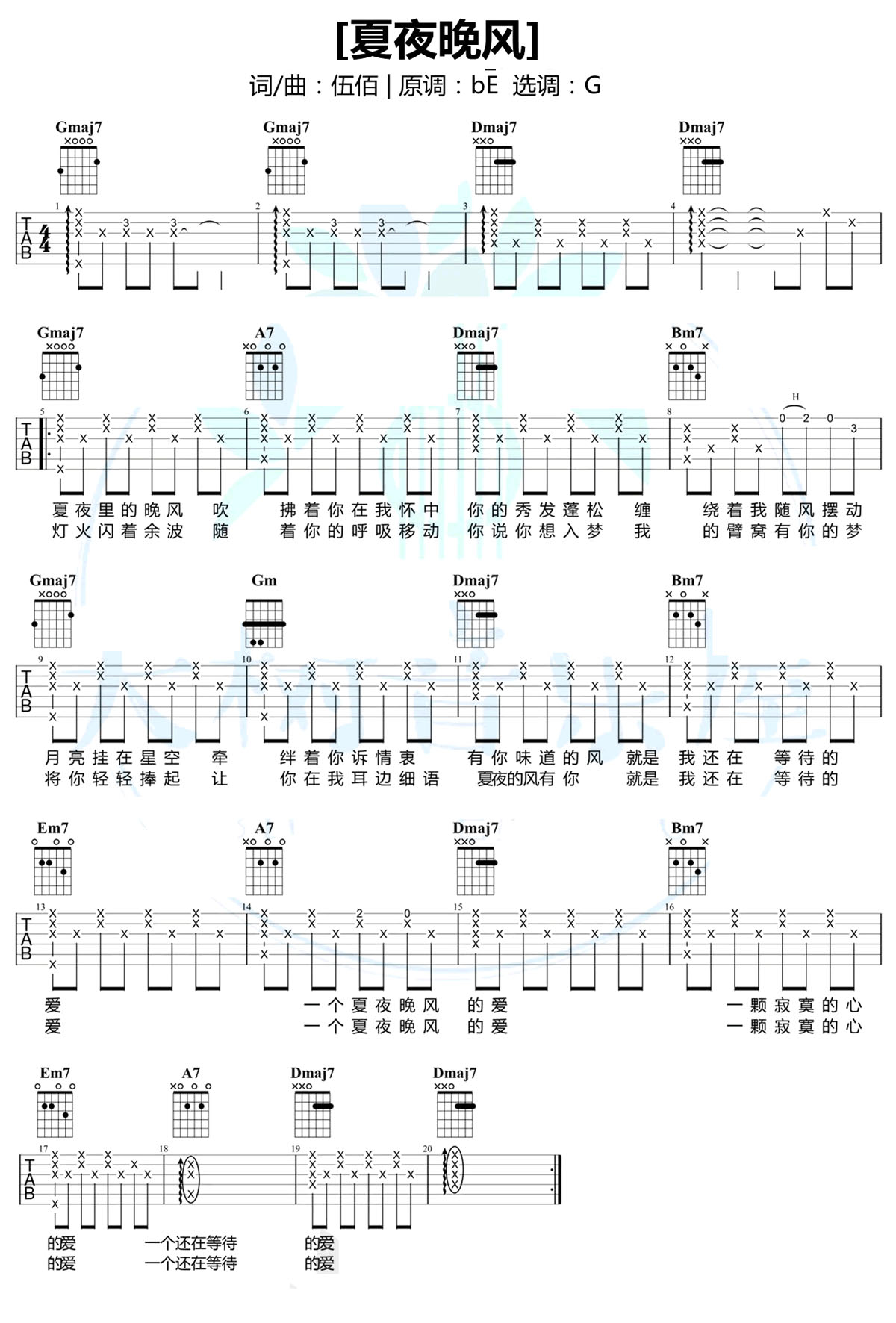 夏夜晚风吉他谱_伍佰_G调和弦弹唱谱_图谱1