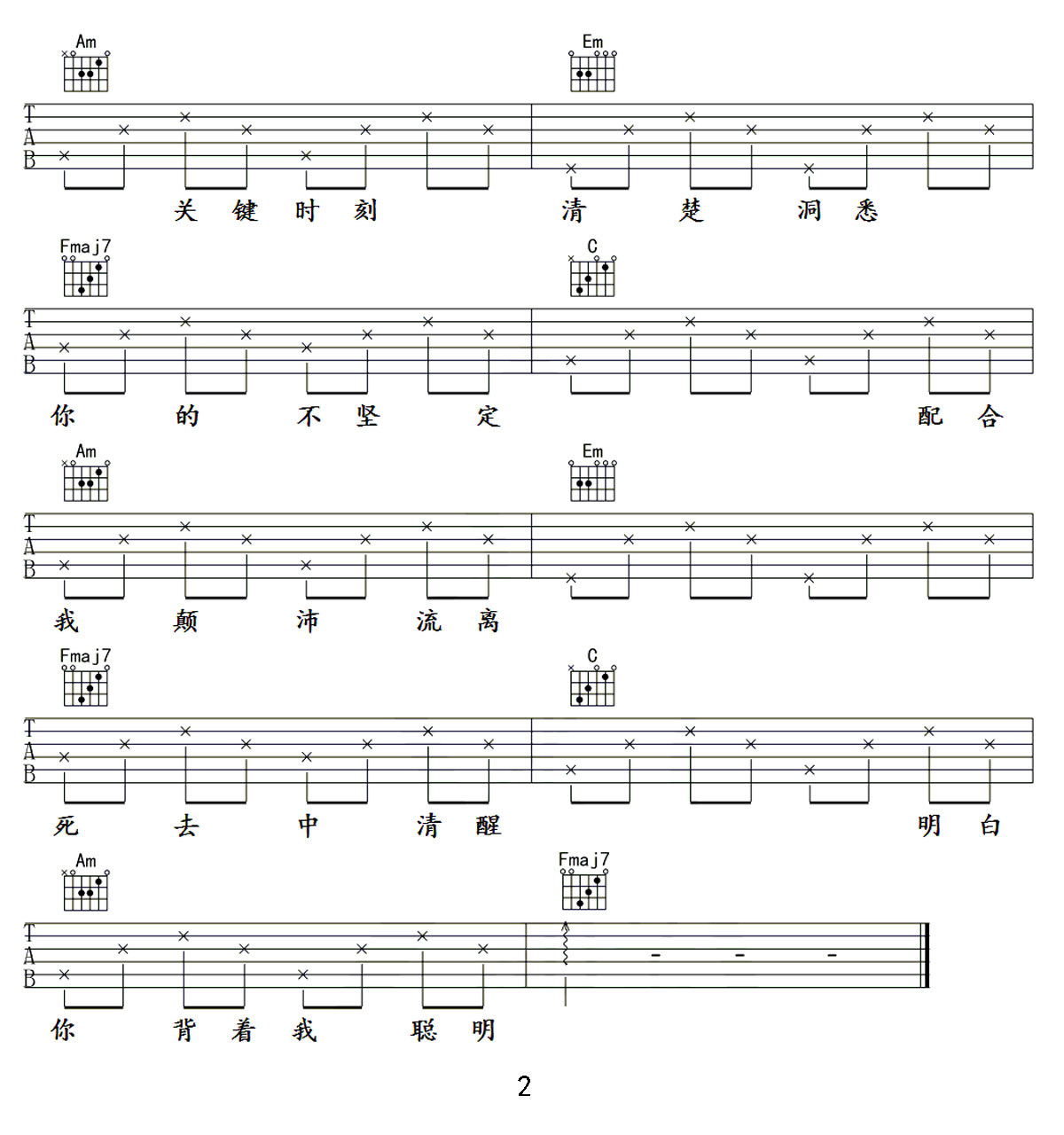 唯一吉他谱_告五人_C调和弦弹唱谱_抖音热歌简单版_图谱2