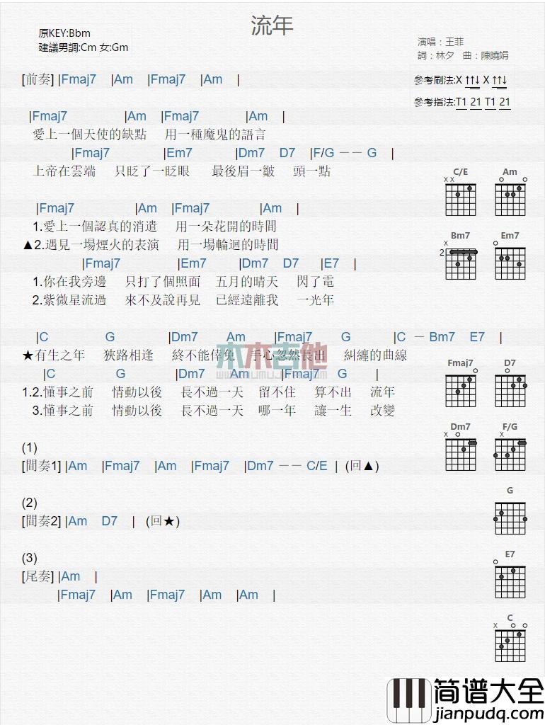 流年_吉他谱_王菲